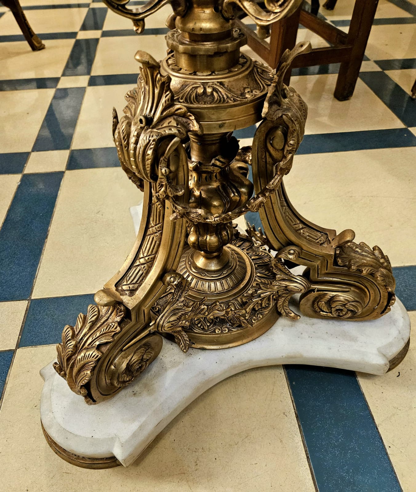 Grand French Baroque Coffee Table with Glass Top, Marble Base & Gilded Sculptural Details