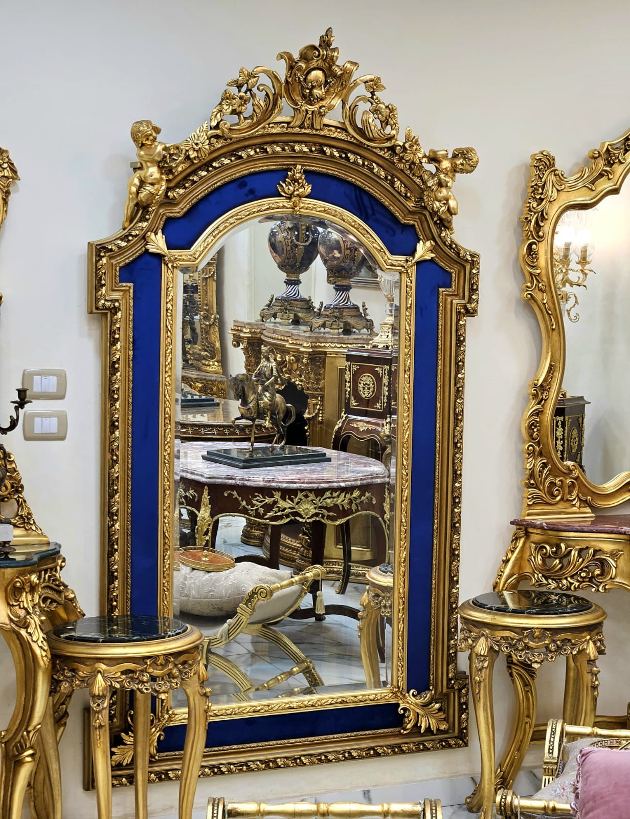Grand French Baroque Wall Mirror with Royal Blue Velvet Panels, Cherub Crest & Gilded Frame