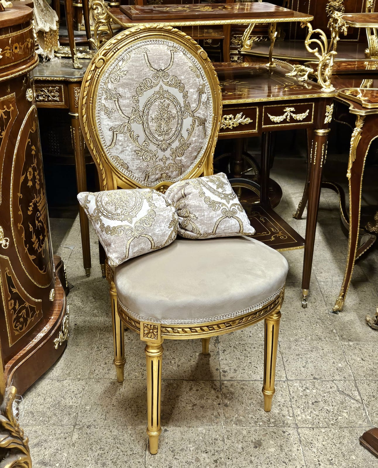 French Louis XVI Accent Chair with Gold Leaf Frame, Ornate Upholstery & Decorative Lumbar Pillow