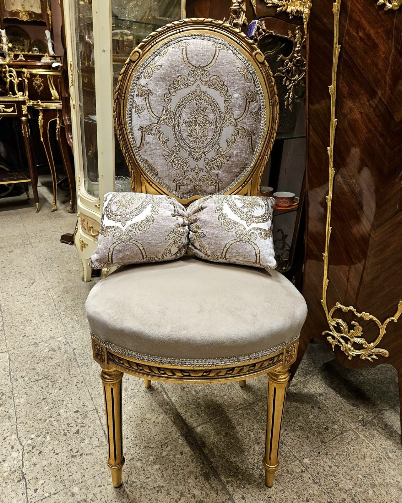 French Louis XVI Accent Chair with Gold Leaf Frame, Ornate Upholstery & Decorative Lumbar Pillow