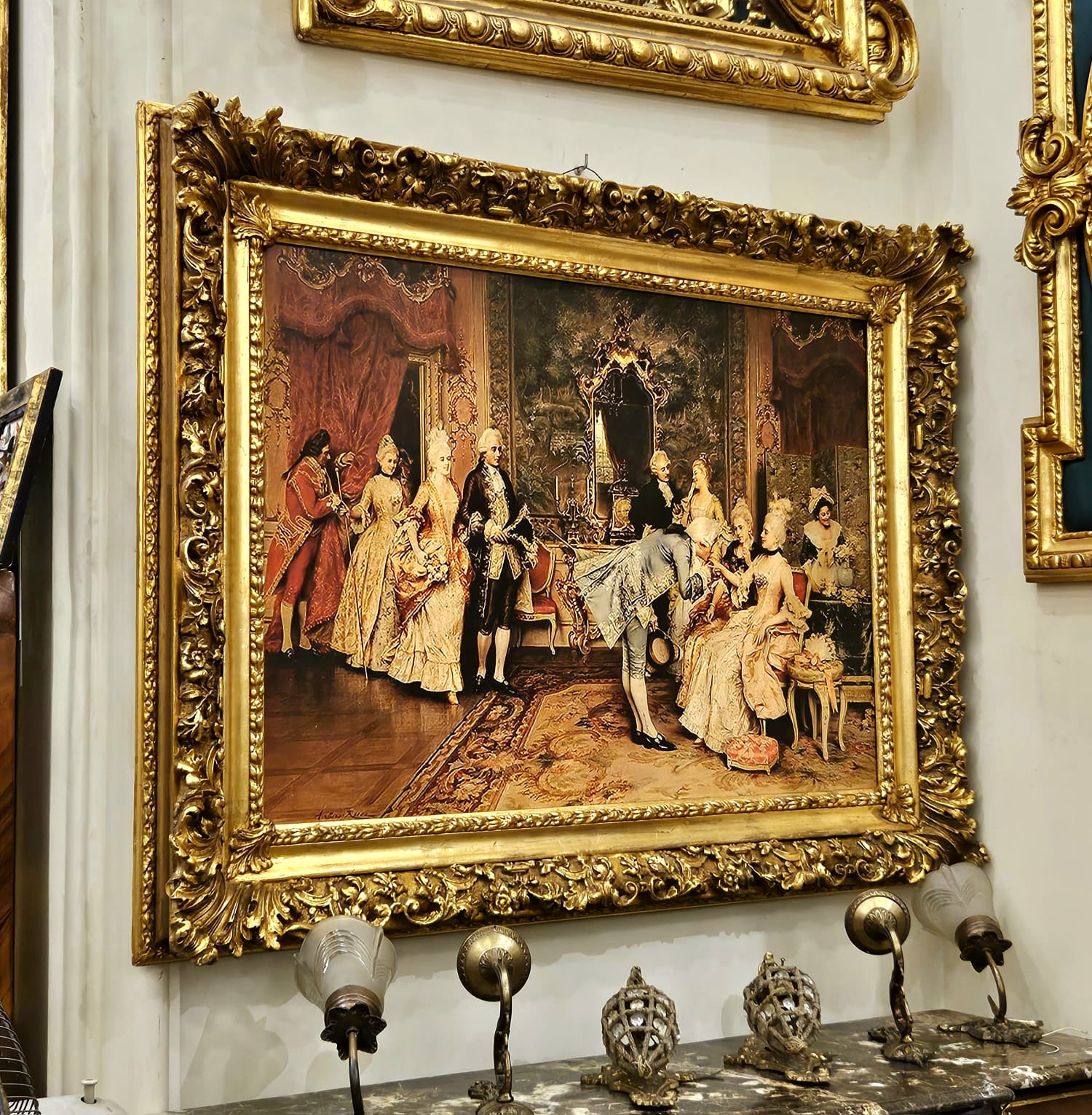 Victorian Parlor Wall Art Print on Cotton Fabric – Multicultural Gathering Scene, Vintage Gold Frame