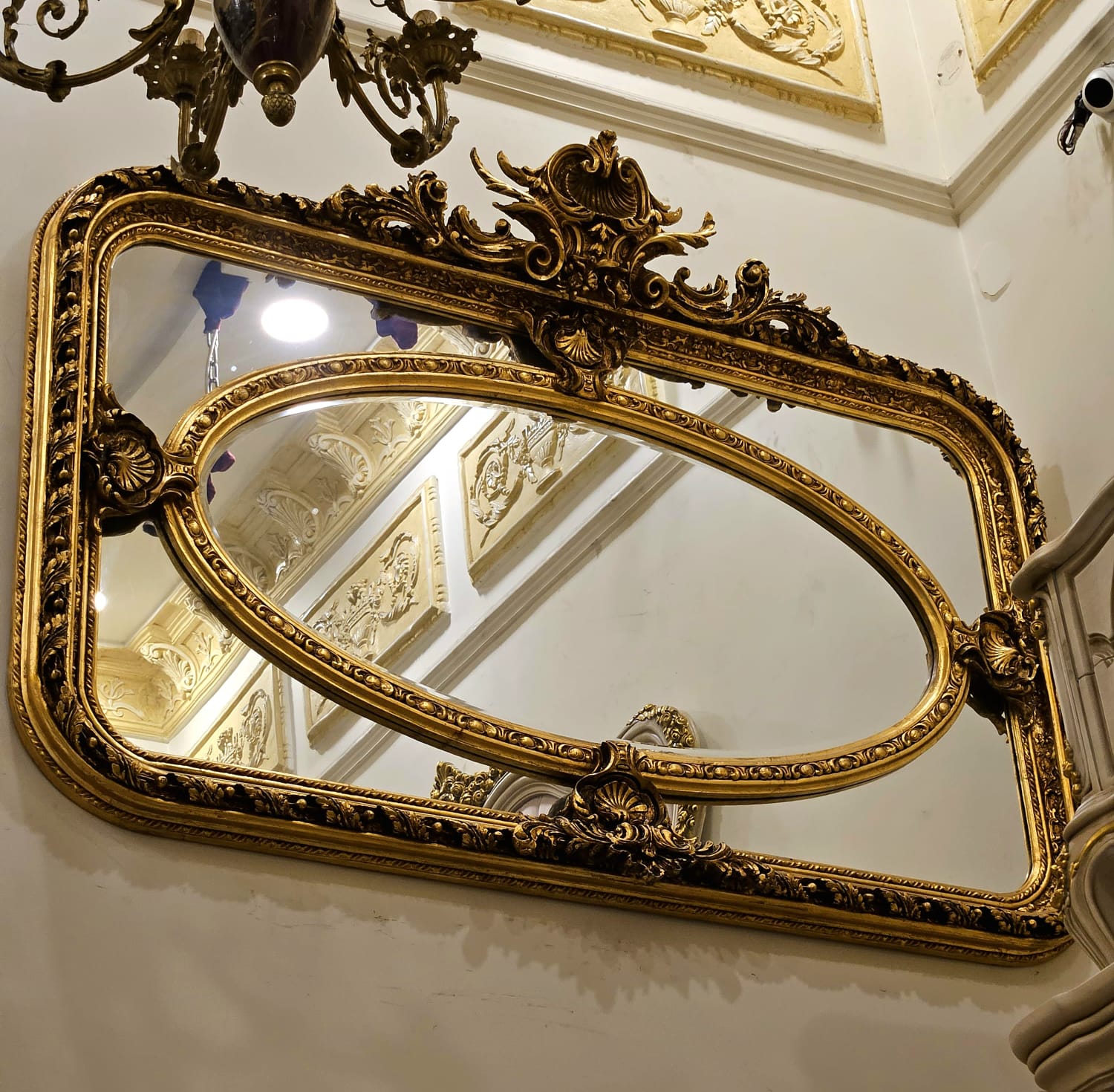 French Rococo Gilded Wall Mirror with Oval Beveled Center & Ornate Shell Crest
