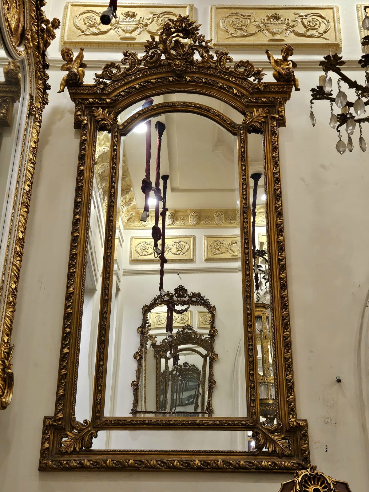 Grand French Rococo Wall Mirror with Cherub Crest & Ornate Gilded Frame – Monumental Statement Mirror