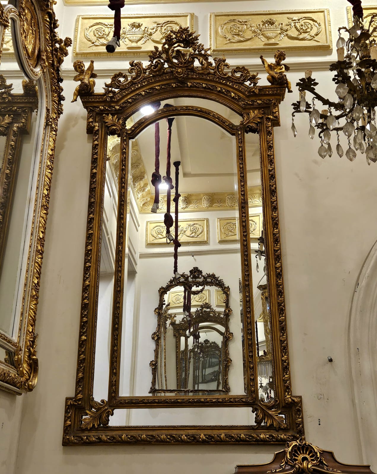 Grand French Rococo Wall Mirror with Cherub Crest & Ornate Gilded Frame – Monumental Statement Mirror