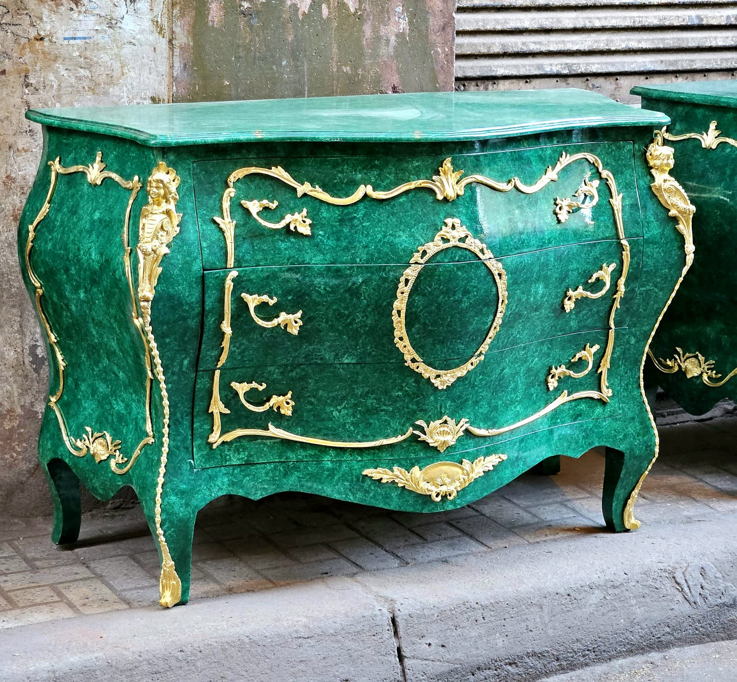 Grand French Louis XV Style Green Commode with Gold Leaf & Bronze Details – Luxury 3 Drawer Chest