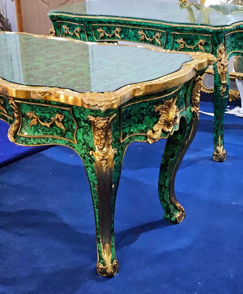 French Rococo Coffee Table with Malachite-Inspired Finish, Glass Top & Gilded Bronze Mounts