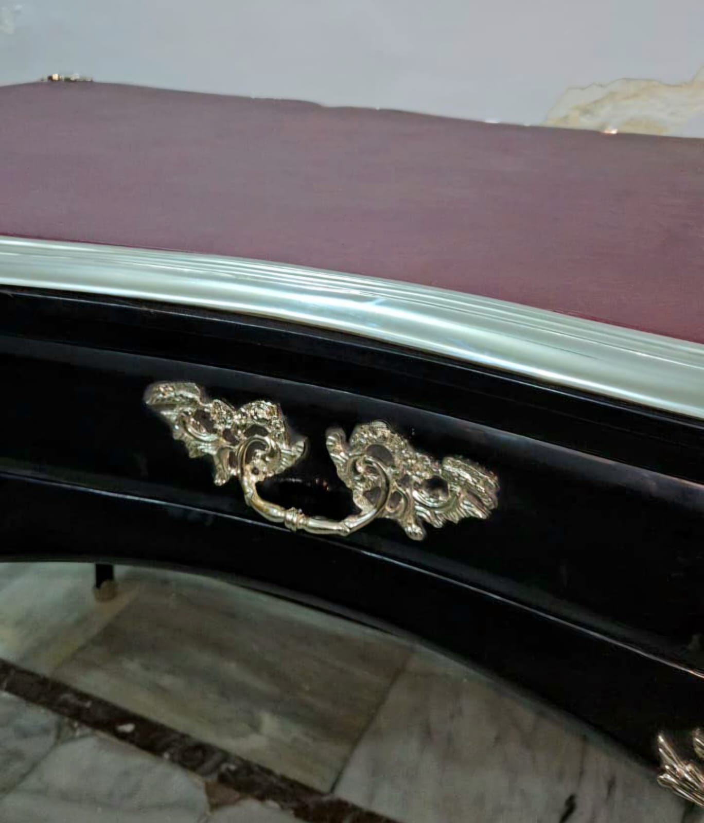 French Louis XV Writing Desk with Burgundy Top & Ornate Bronze Mounts & Silver Leaf