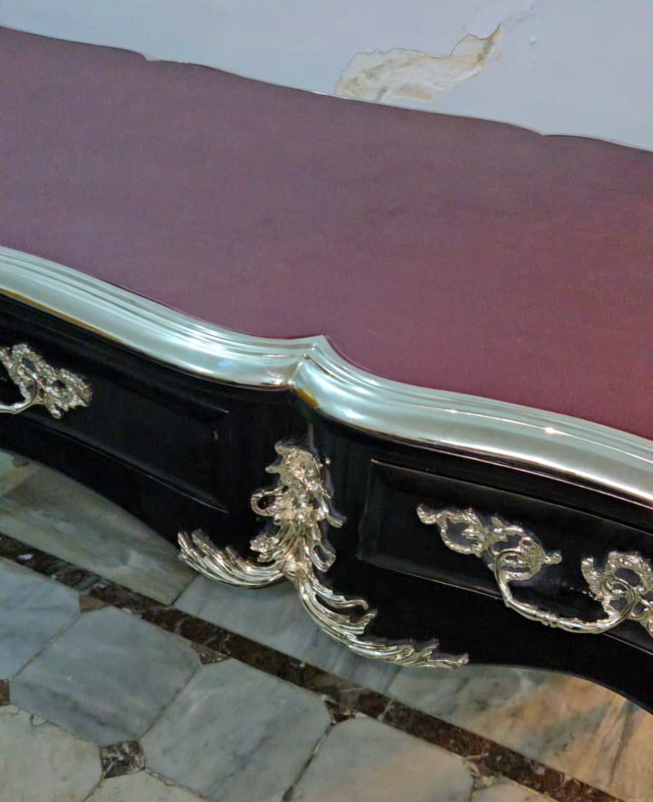 French Louis XV Writing Desk with Burgundy Top & Ornate Bronze Mounts & Silver Leaf