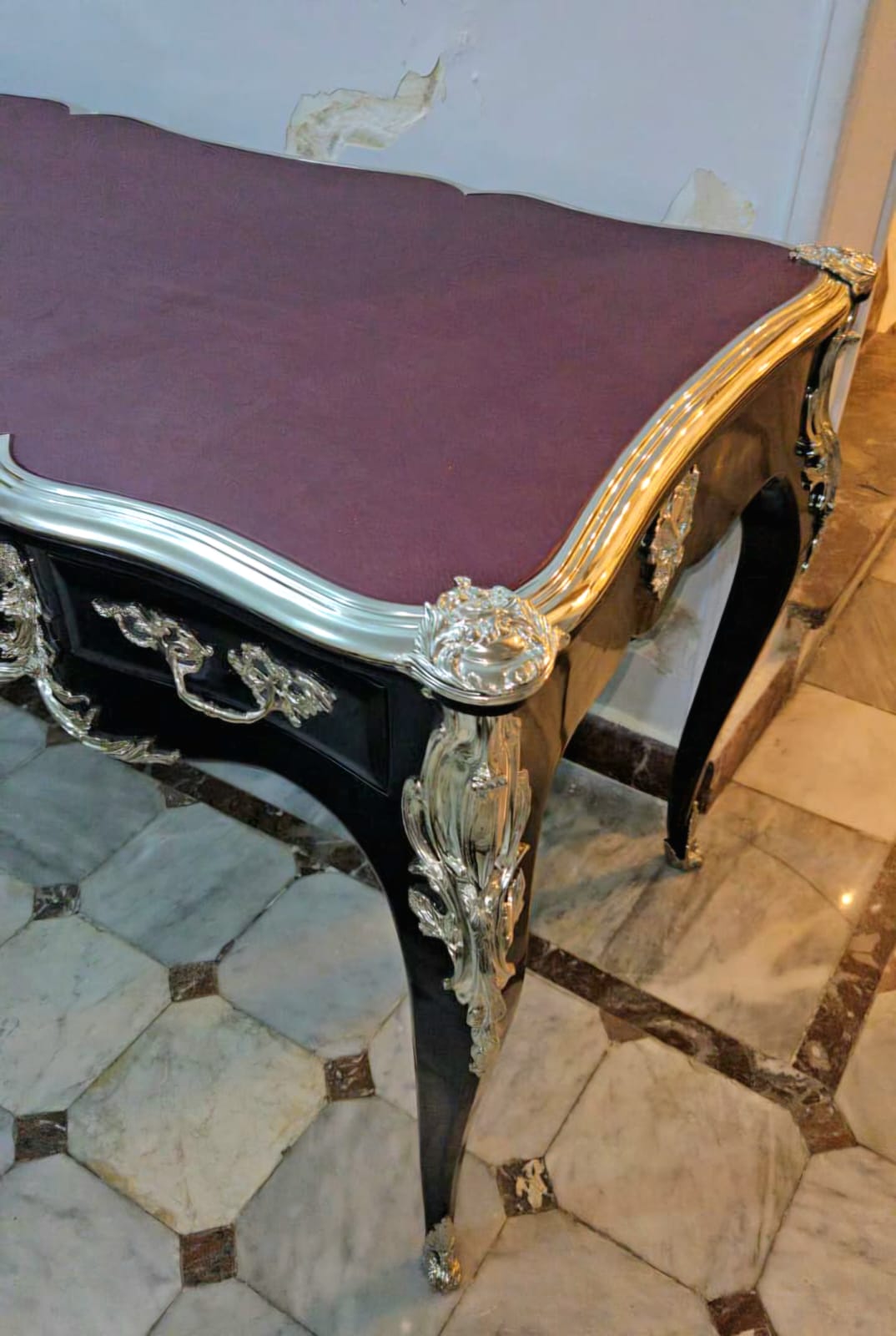 French Louis XV Writing Desk with Burgundy Top & Ornate Bronze Mounts & Silver Leaf
