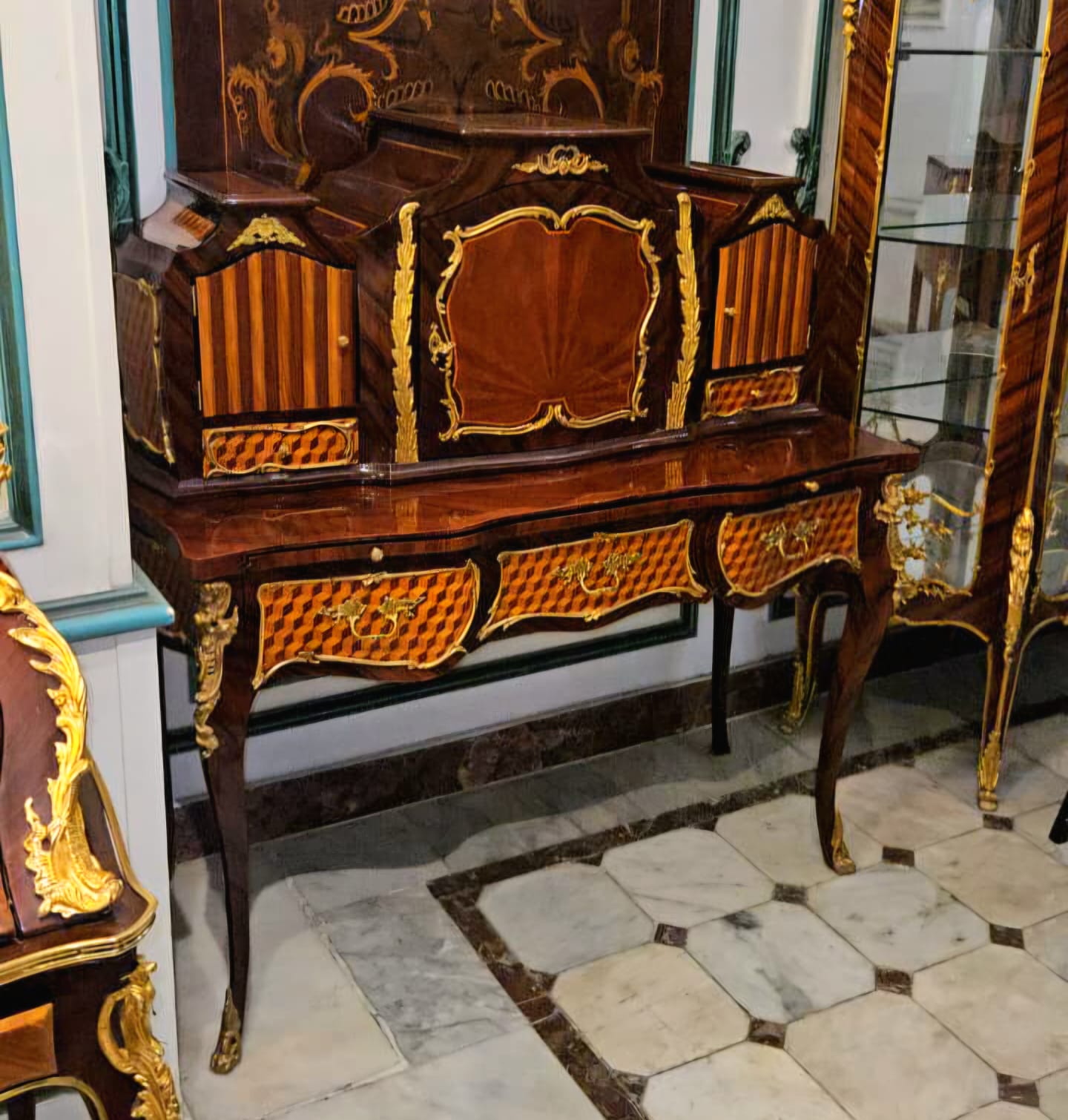 French Louis XV Secretary Desk – Marquetry Writing Desk with Gilded Bronze Mounts & Hidden Storage