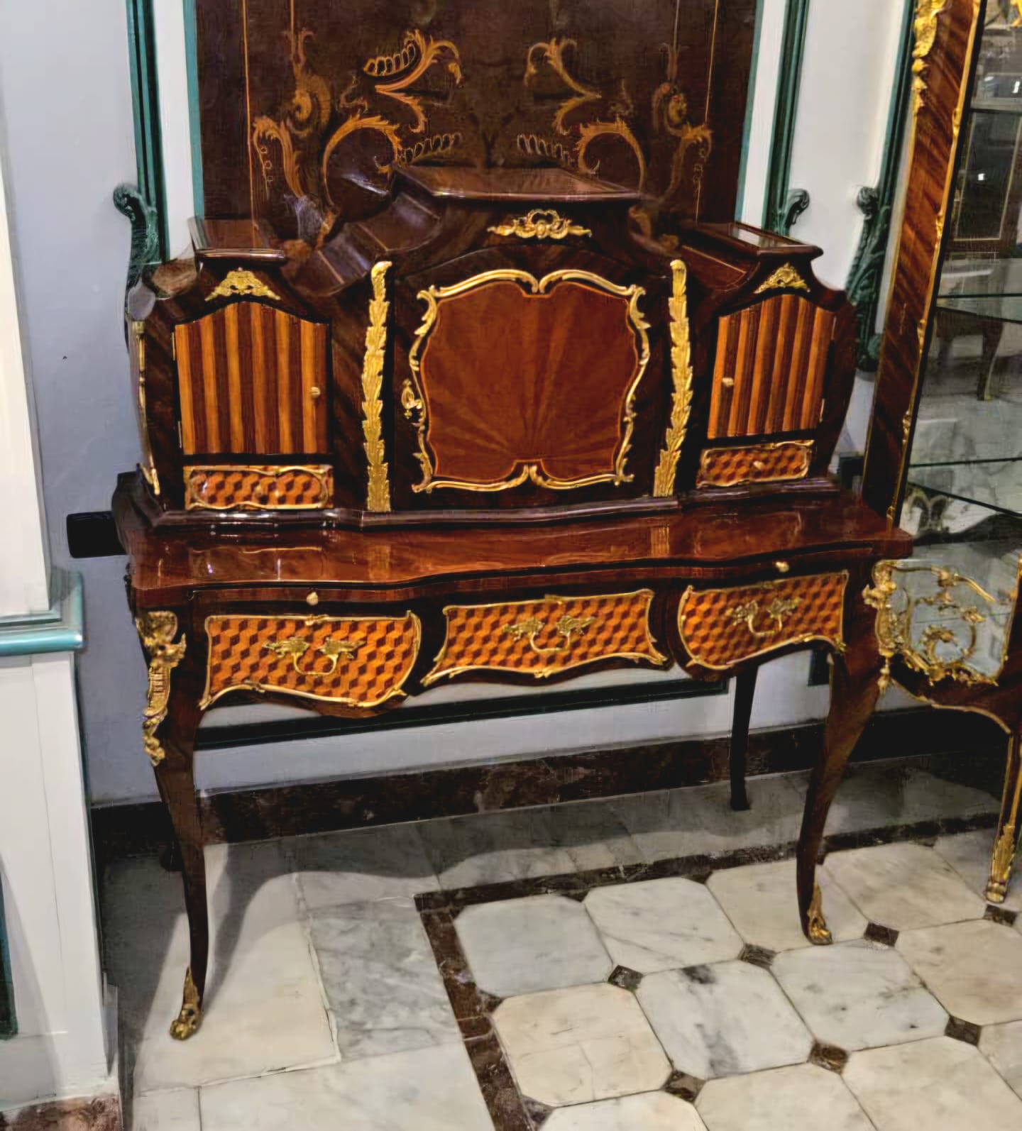 French Louis XV Secretary Desk – Marquetry Writing Desk with Gilded Bronze Mounts & Hidden Storage