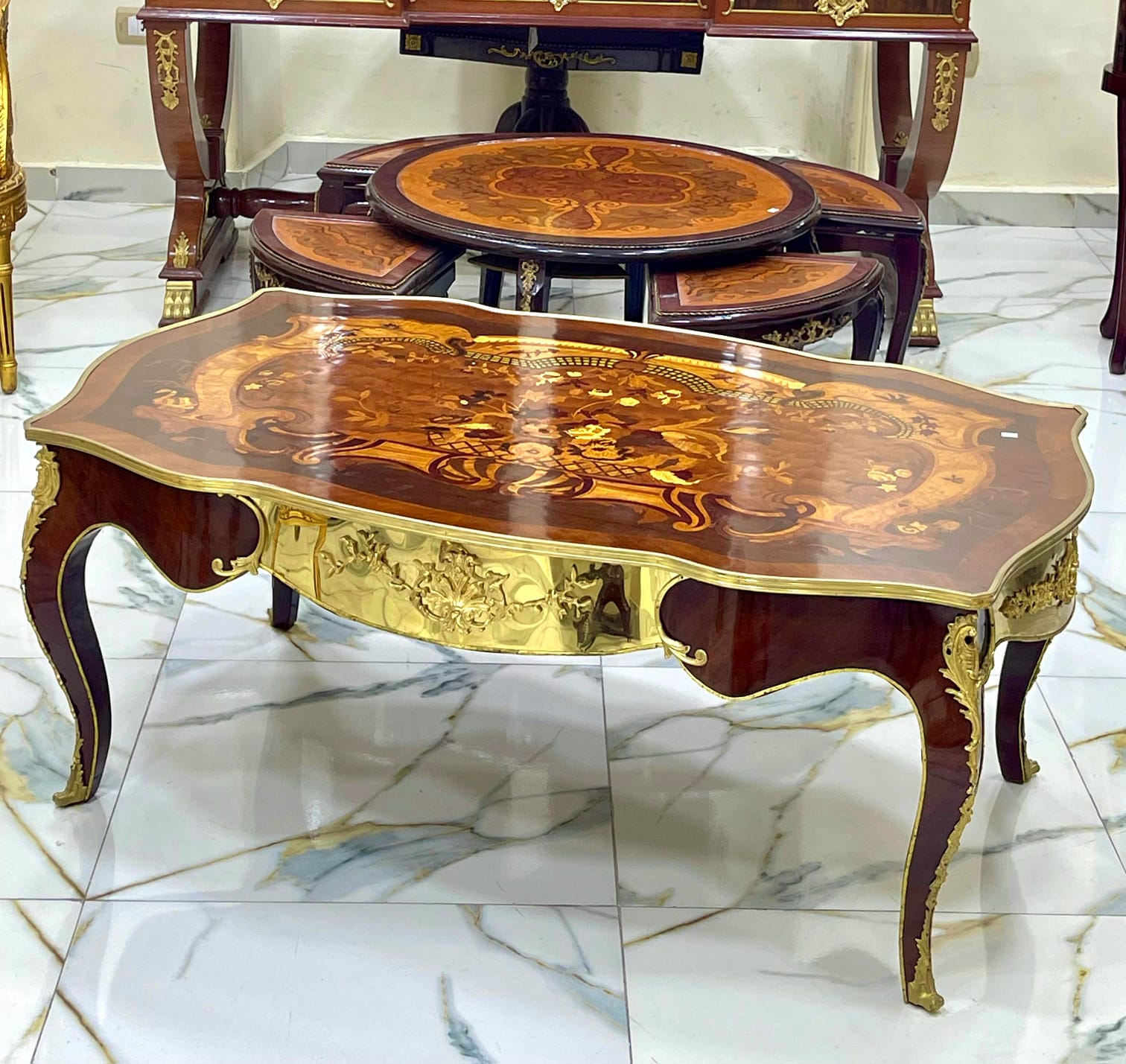 Monumental French Rococo Coffee Table with Marquetry Inlay & Gilded Bronze Mounts