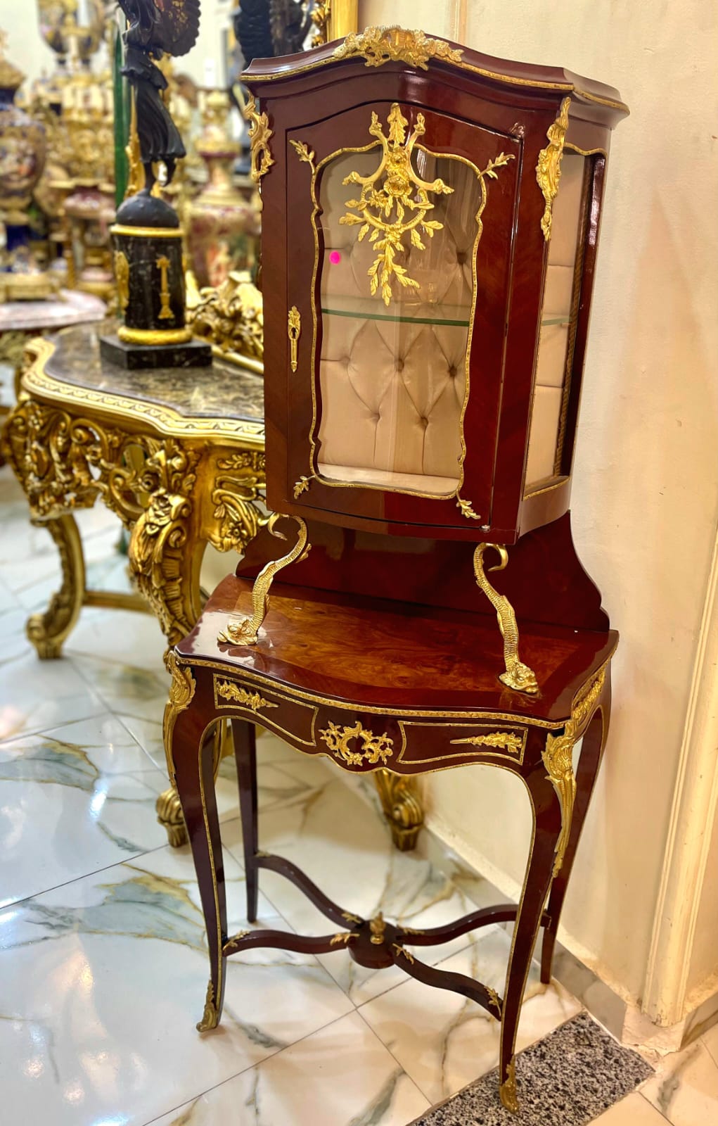French Louis XV Display Cabinet on Console Stand – Gilded Bronze Mounted Vitrine with Glass Panels