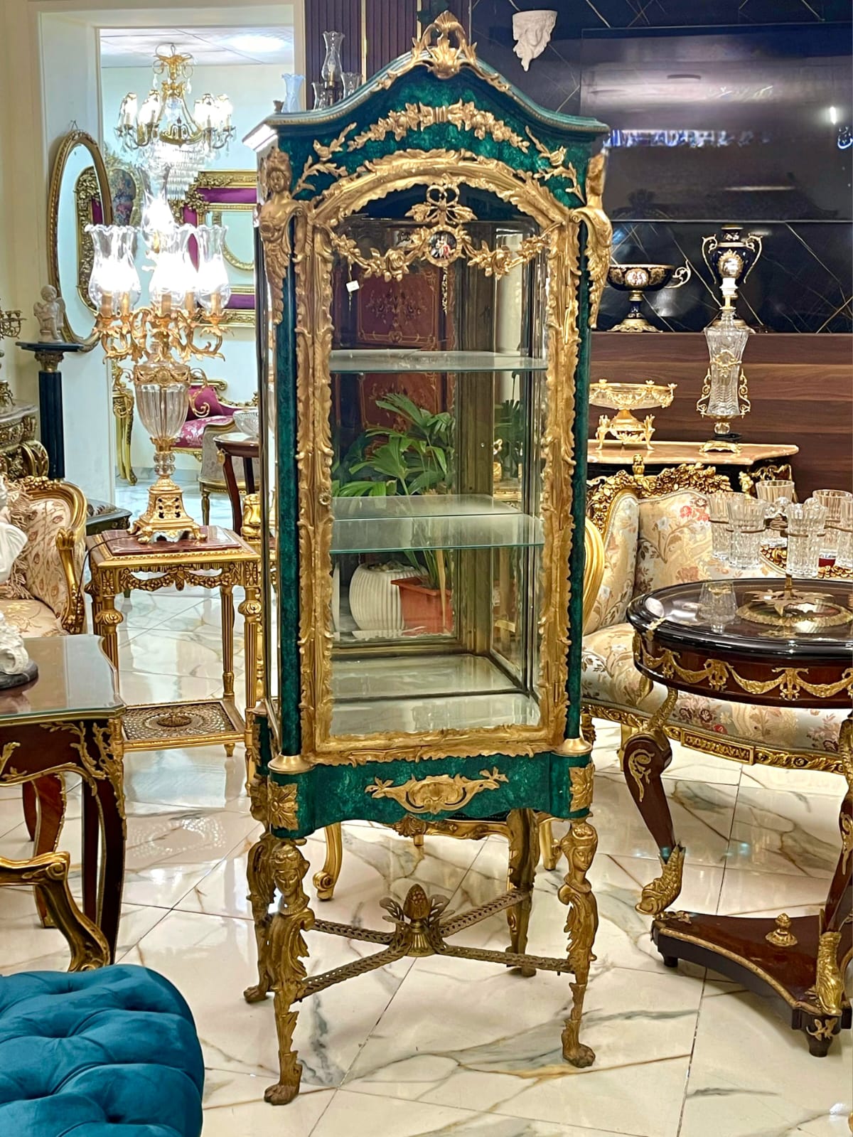 French Louis XVI Green Display Vitrine with Gold Leaf Details, Tufted Interior & Glass Shelves