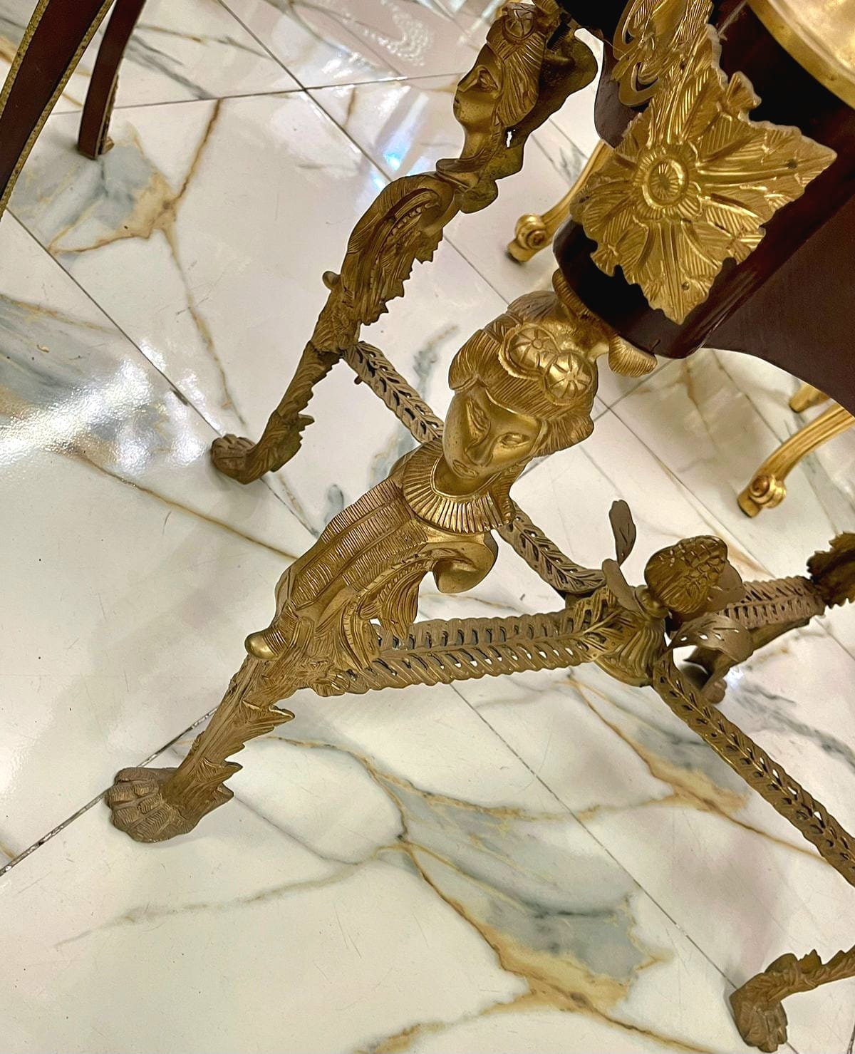 French Louis XVI Display Vitrine with Gold Leaf Details, Tufted Interior & Glass Shelves