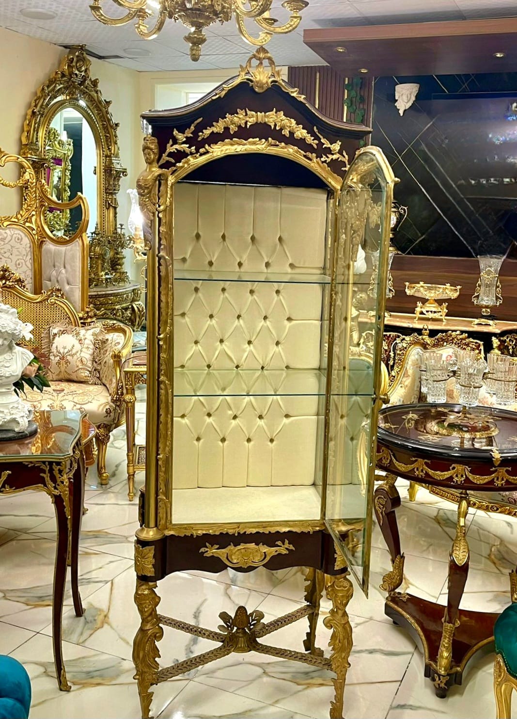 French Louis XVI Display Vitrine with Gold Leaf Details, Tufted Interior & Glass Shelves