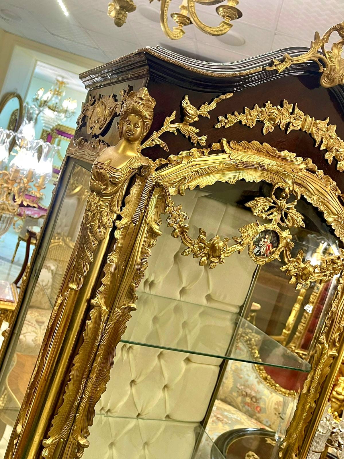 French Louis XVI Display Vitrine with Gold Leaf Details, Tufted Interior & Glass Shelves