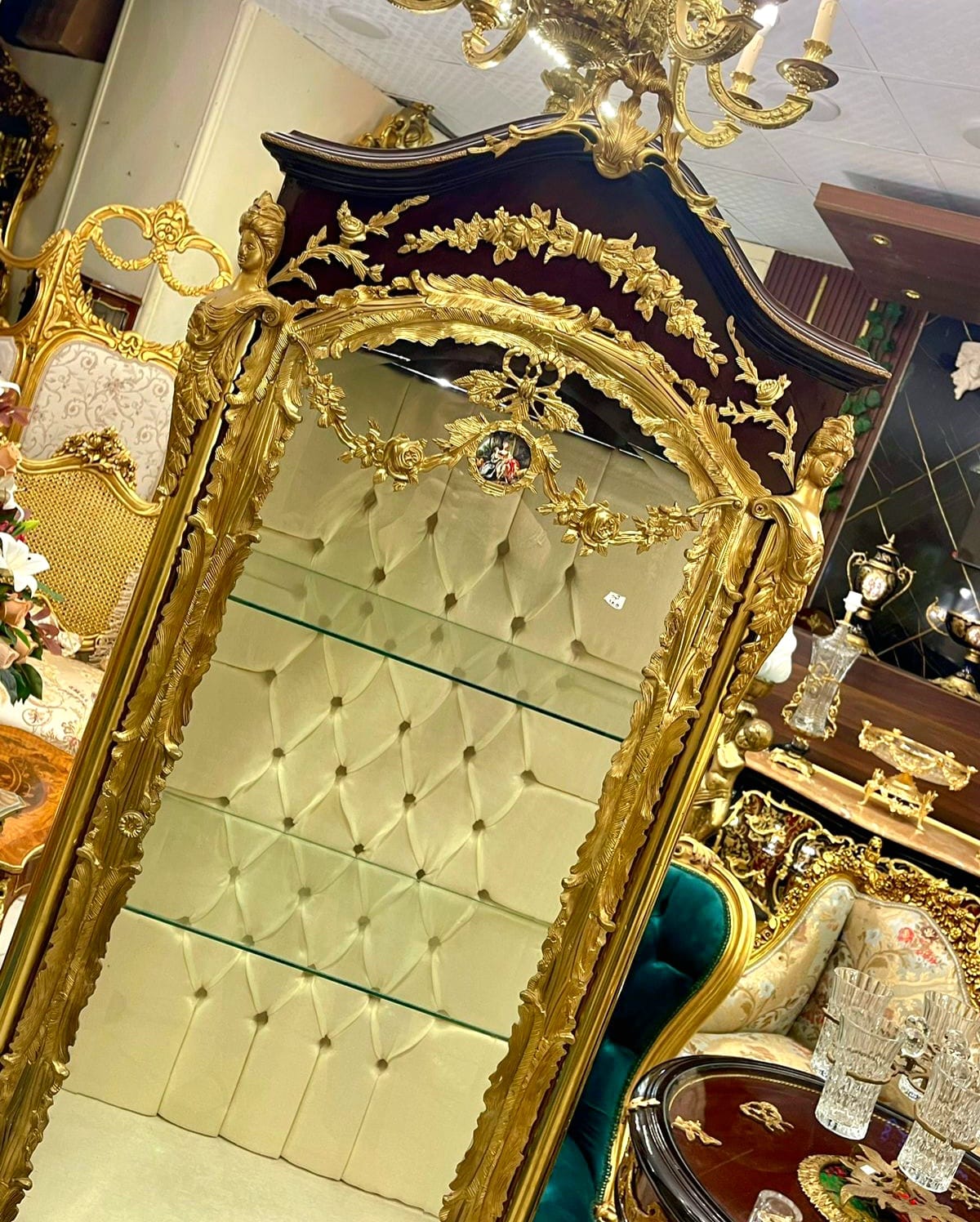 French Louis XVI Display Vitrine with Gold Leaf Details, Tufted Interior & Glass Shelves