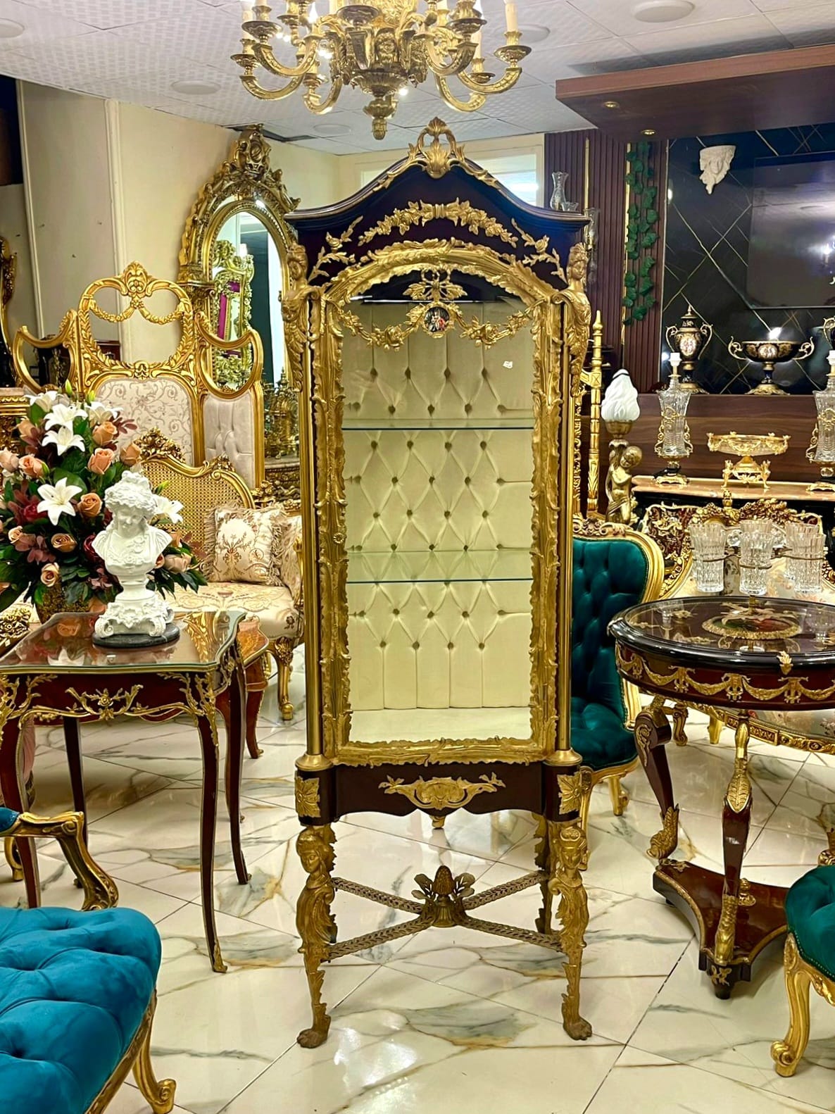 French Louis XVI Display Vitrine with Gold Leaf Details, Tufted Interior & Glass Shelves
