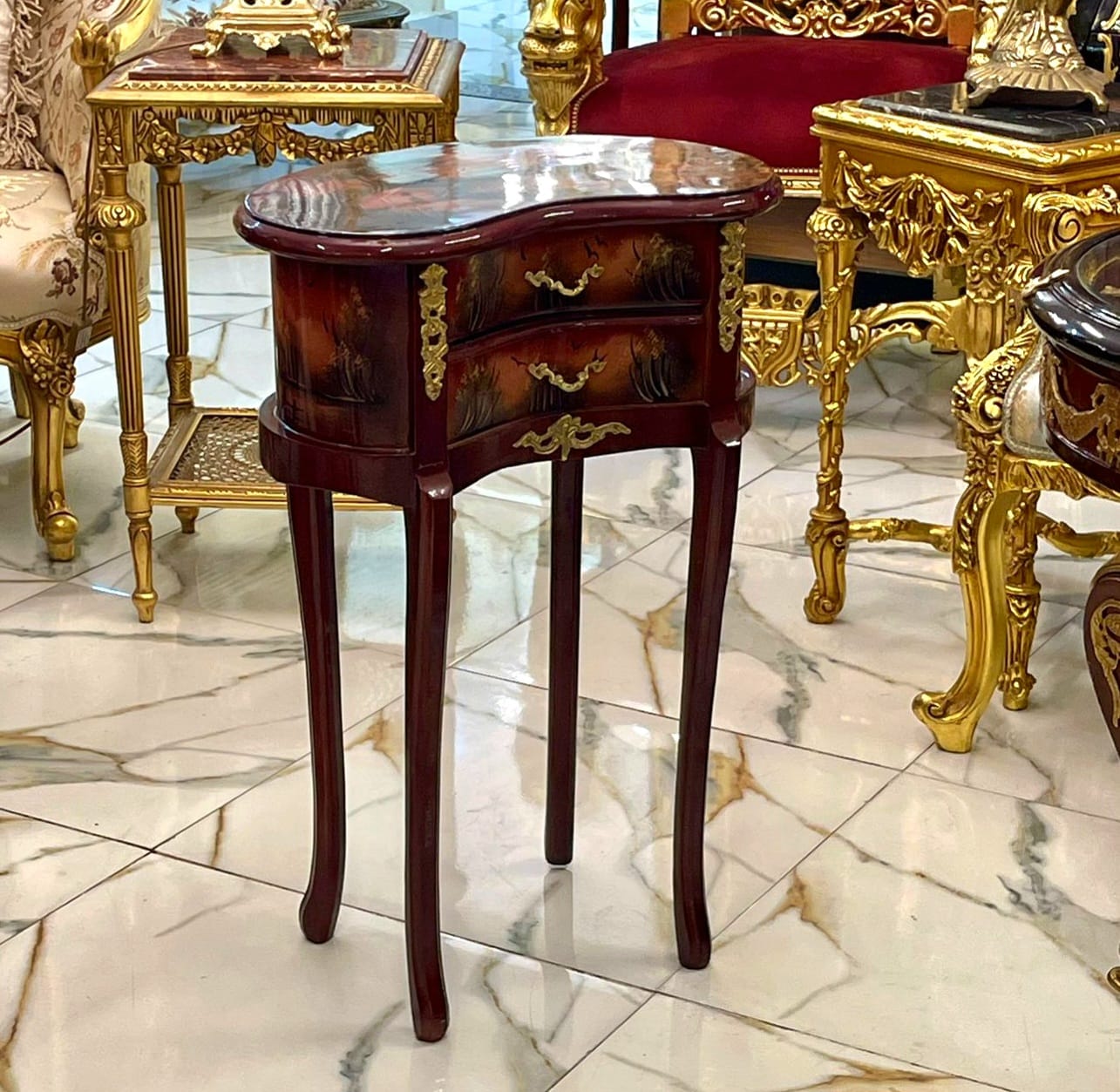 French Louis XV Accent Table with Hand-Painted Drawers & Gilded Brass Details