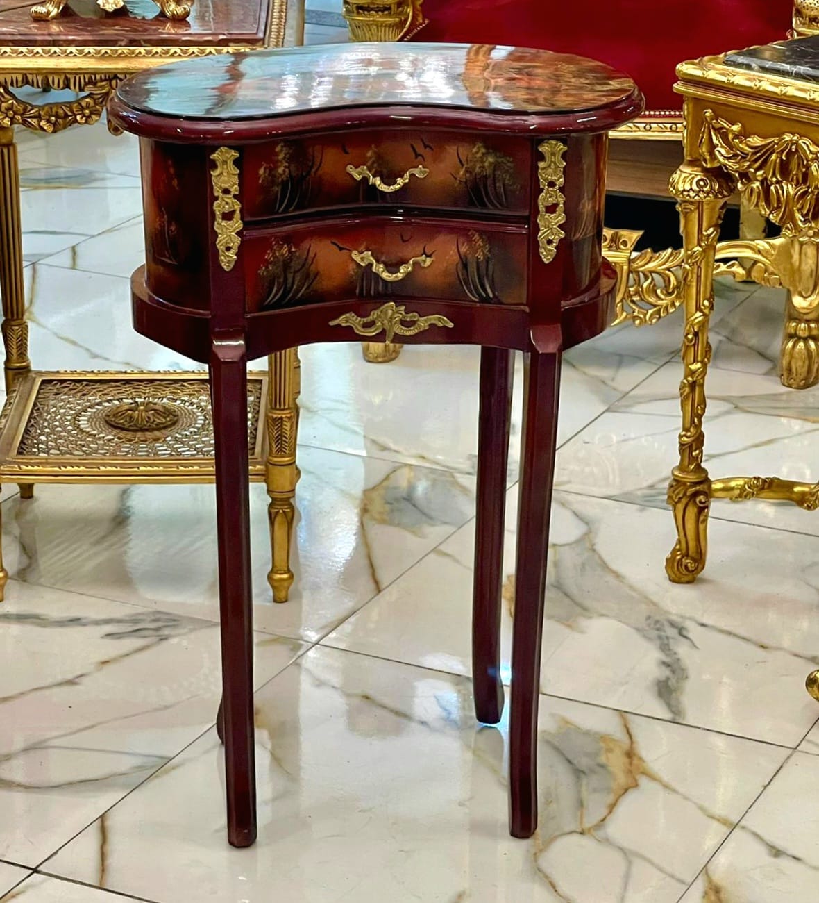 French Louis XV Accent Table with Hand-Painted Drawers & Gilded Brass Details