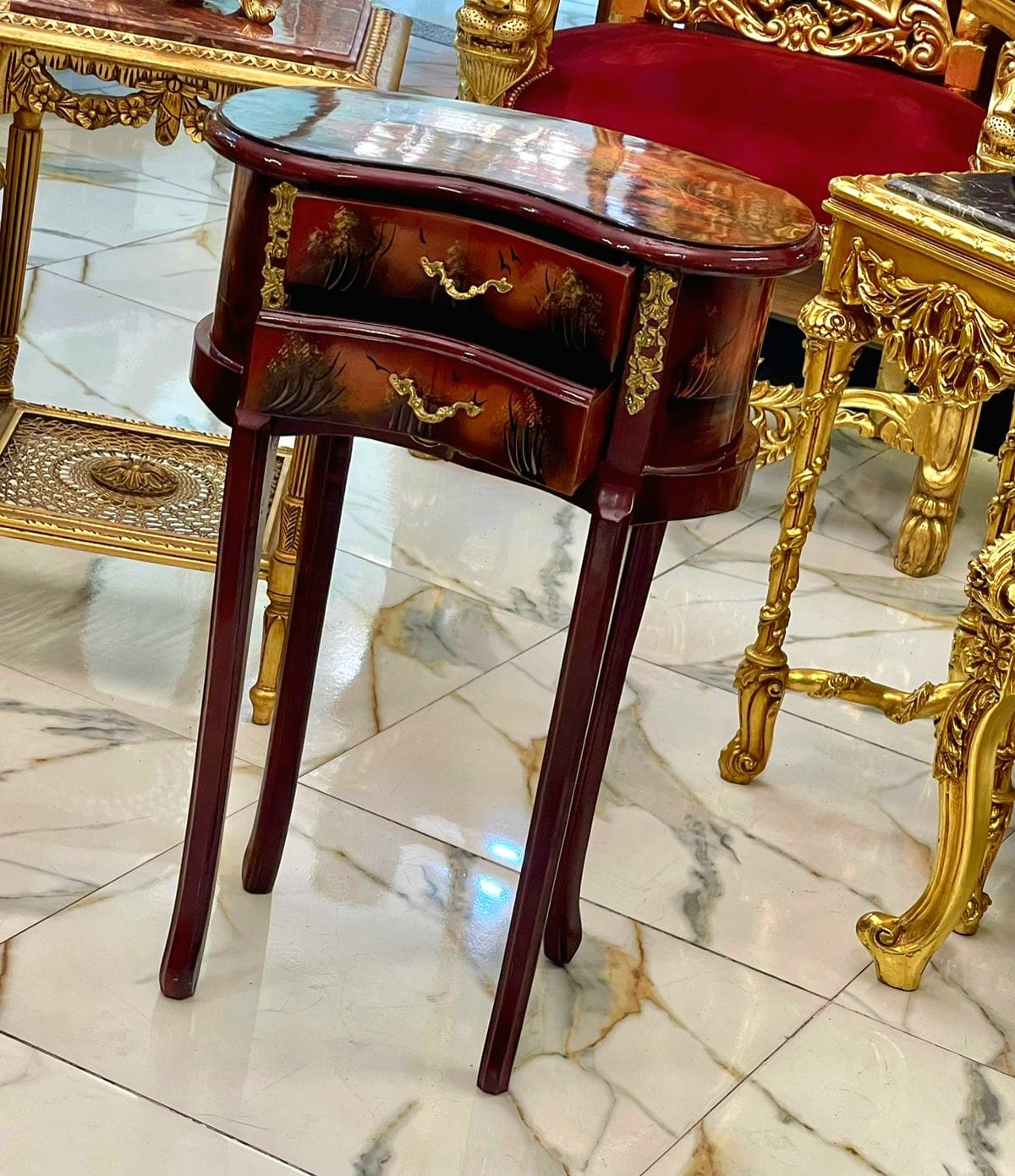French Louis XV Accent Table with Hand-Painted Drawers & Gilded Brass Details