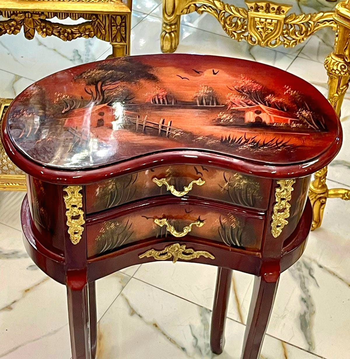 French Louis XV Accent Table with Hand-Painted Drawers & Gilded Brass Details