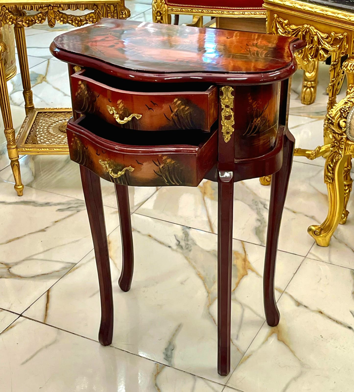 French Style Hand-Painted Accent Table with 2 Drawers & Gilded Brass Hardware