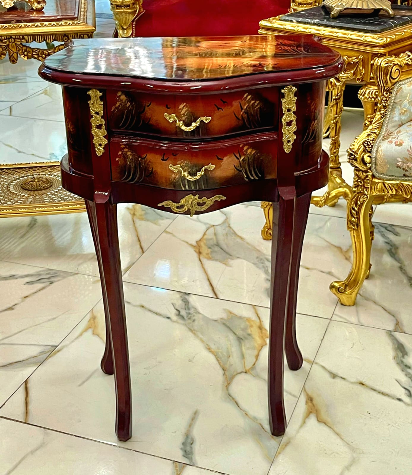 French Style Hand-Painted Accent Table with 2 Drawers & Gilded Brass Hardware