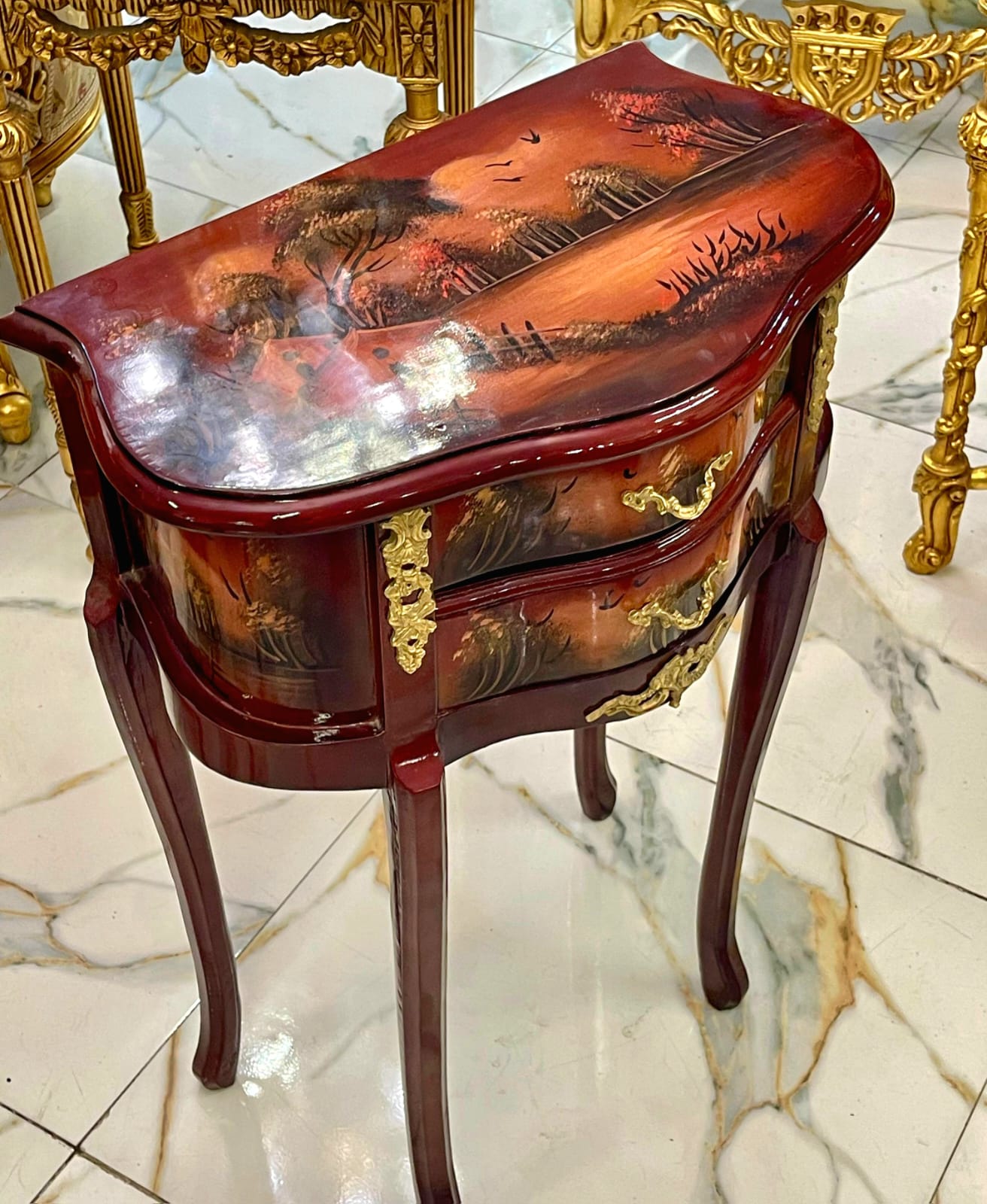 French Style Hand-Painted Accent Table with 2 Drawers & Gilded Brass Hardware