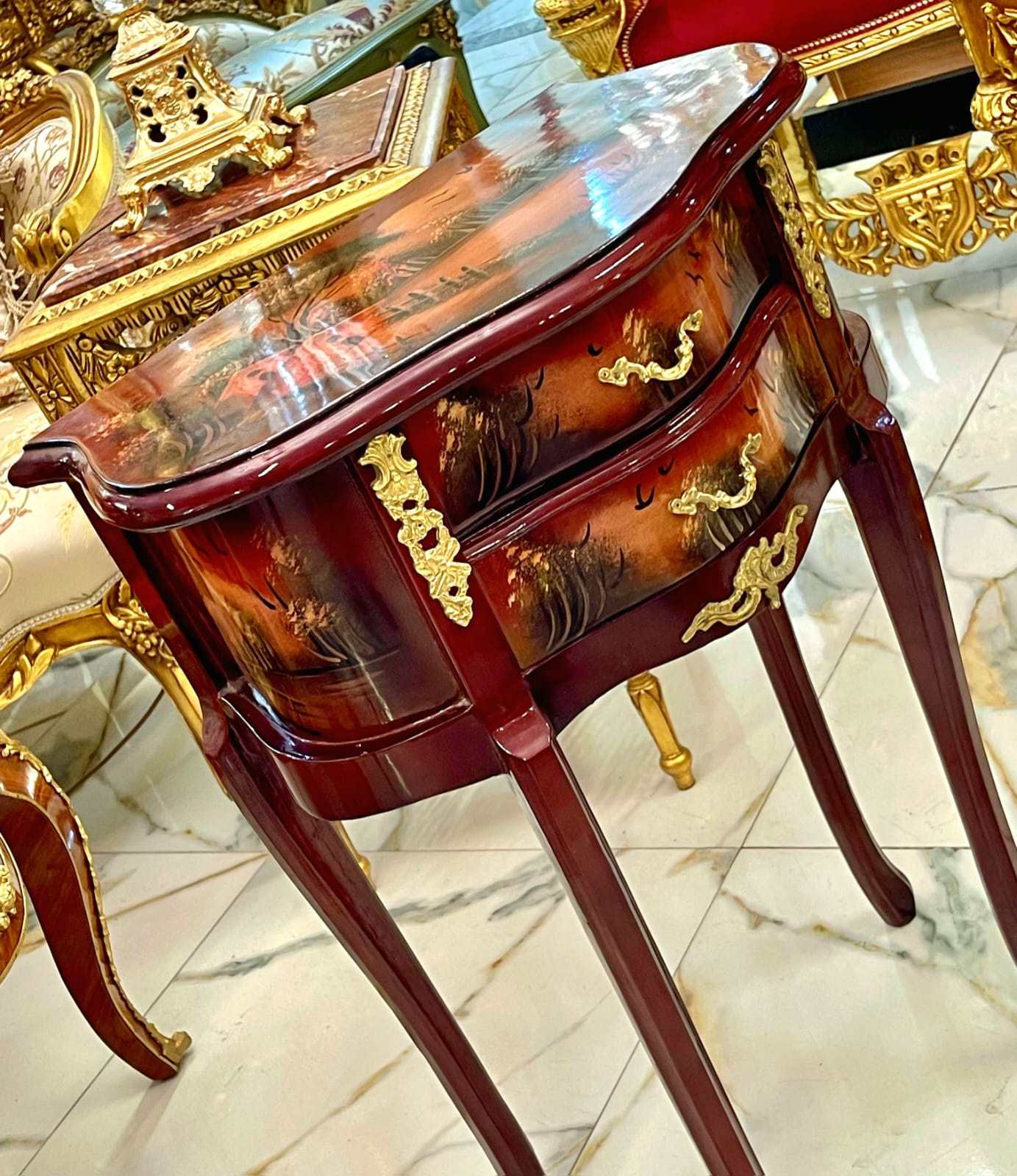 French Style Hand-Painted Accent Table with 2 Drawers & Gilded Brass Hardware