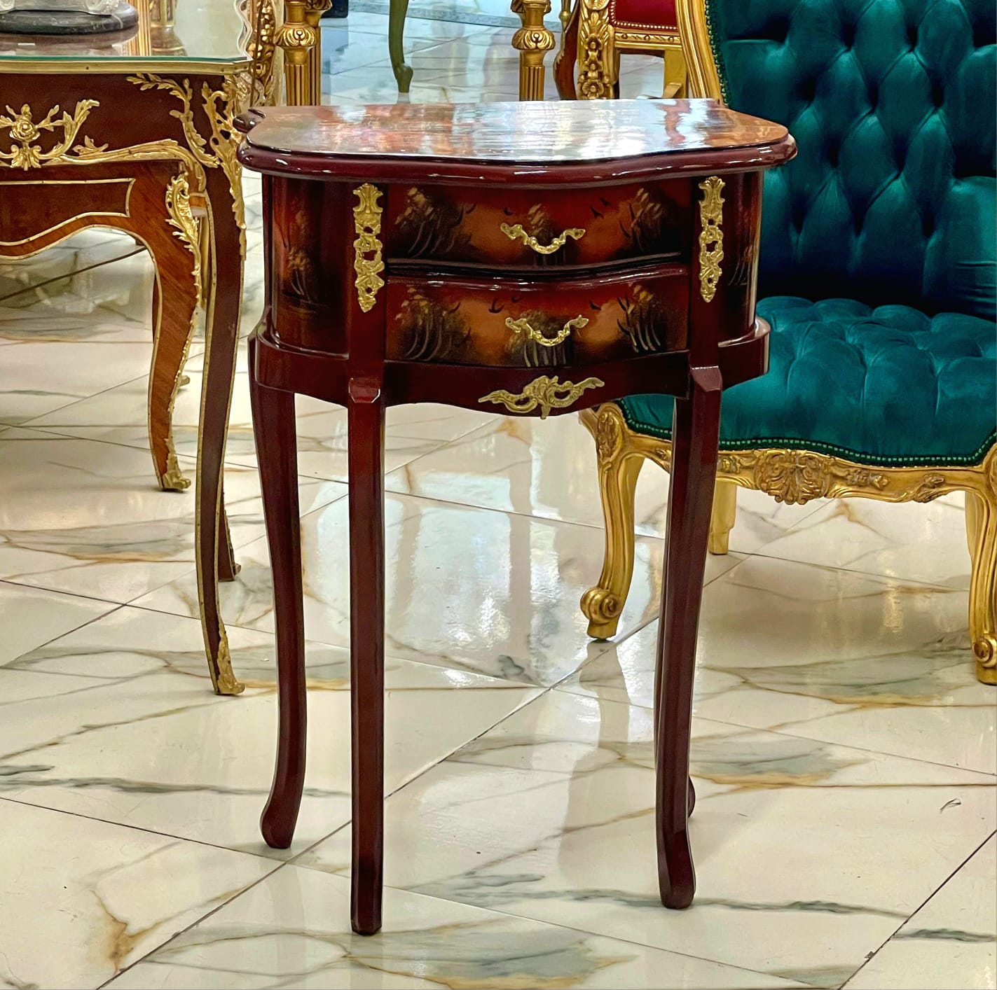 French Style Hand-Painted Accent Table with 2 Drawers & Gilded Brass Hardware