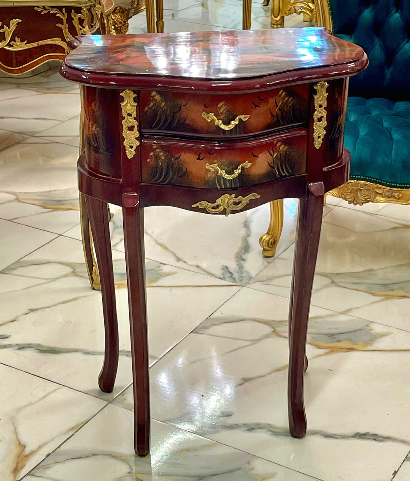 French Style Hand-Painted Accent Table with 2 Drawers & Gilded Brass Hardware