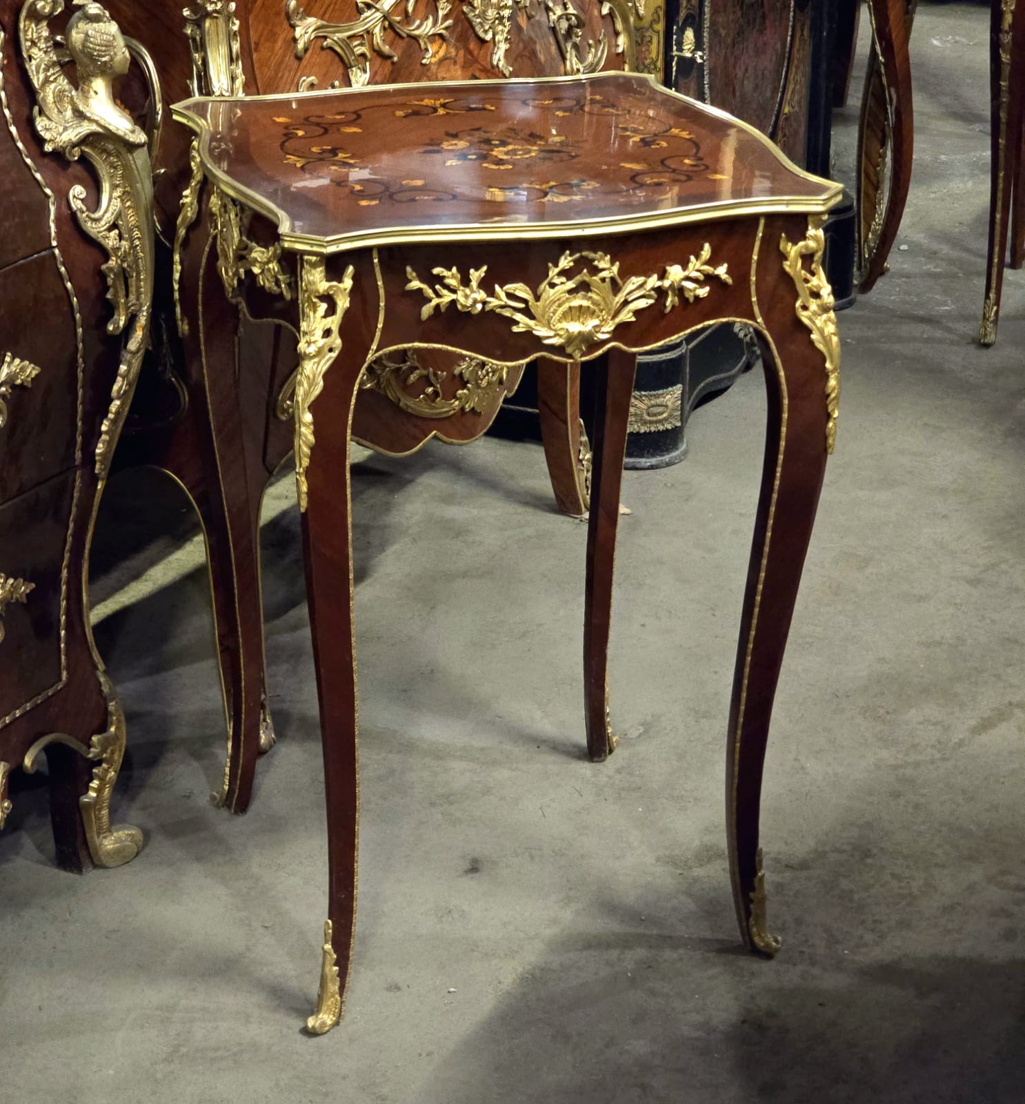 French Accent Side Table with Glass Top, Gold Leaf & Bronze Details