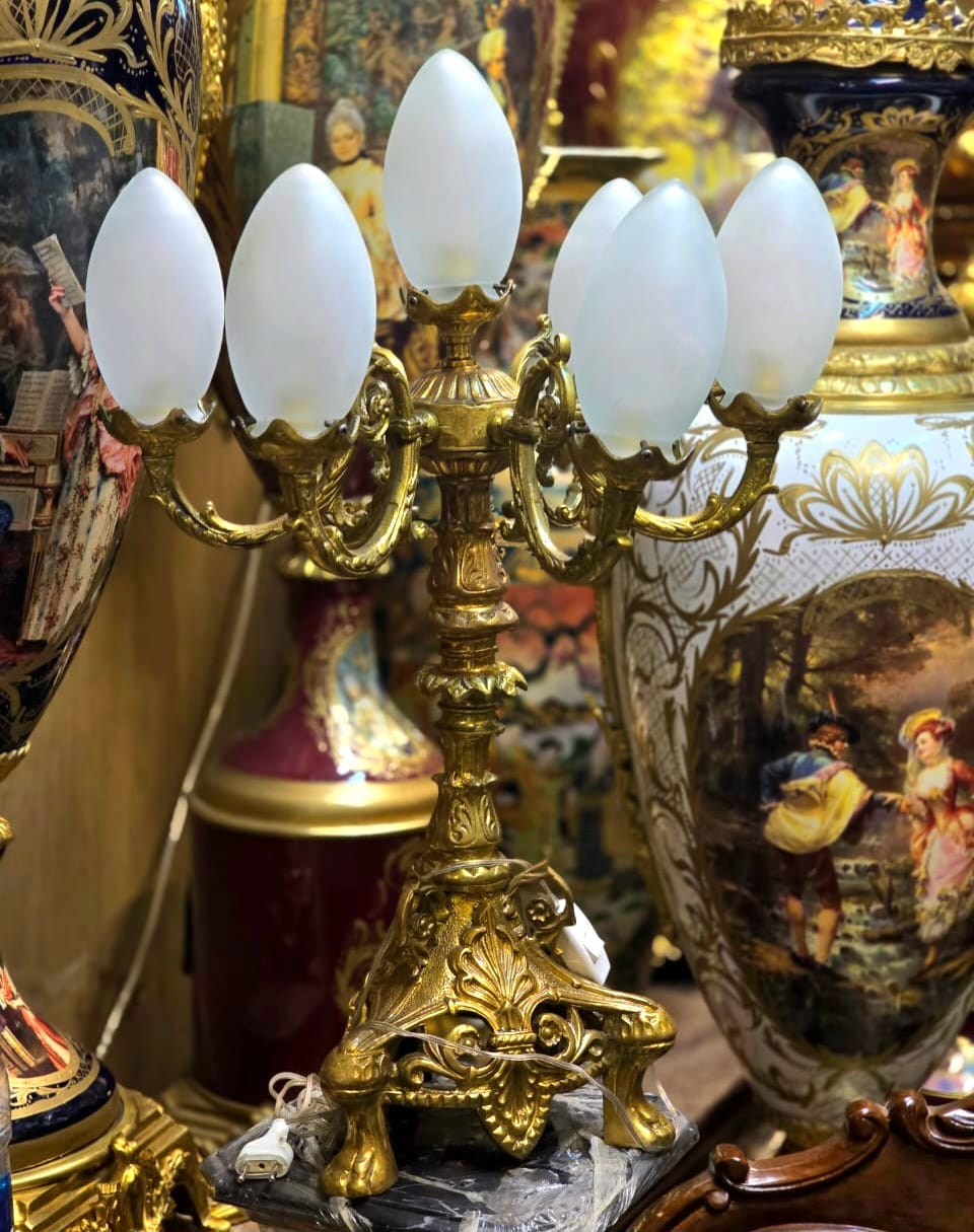 French Rococo 7-Light Candelabra Lamp – Gilded Bronze Table Accent