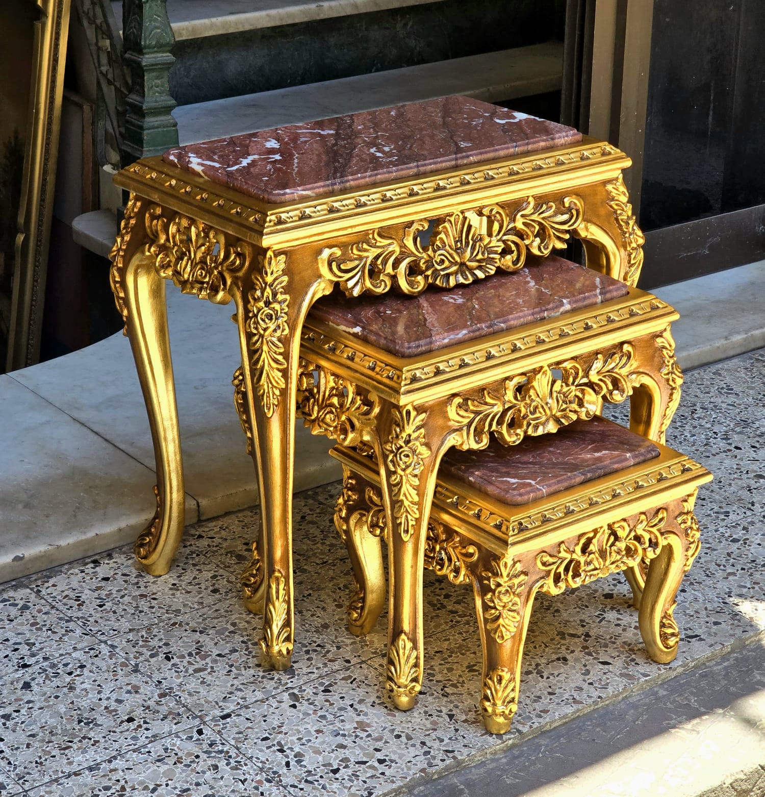 French Baroque Style Nesting Tables – Set of 3 Marble with Gold Leaf Details