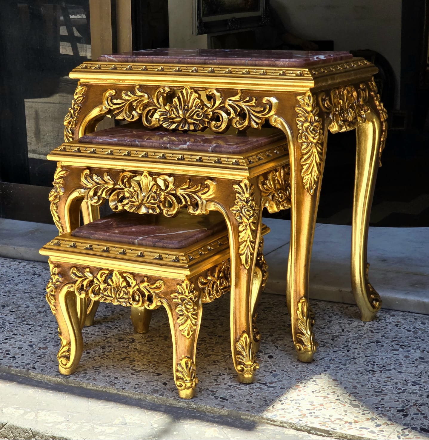 French Baroque Style Nesting Tables – Set of 3 Marble with Gold Leaf Details