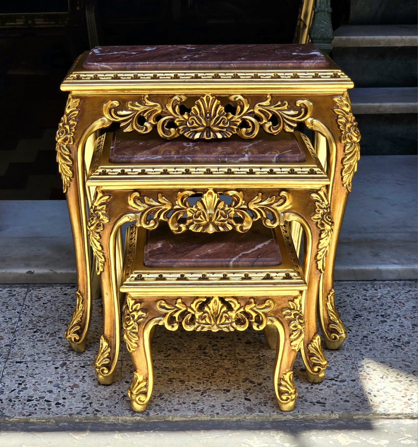 French Baroque Style Nesting Tables – Set of 3 Marble with Gold Leaf Details