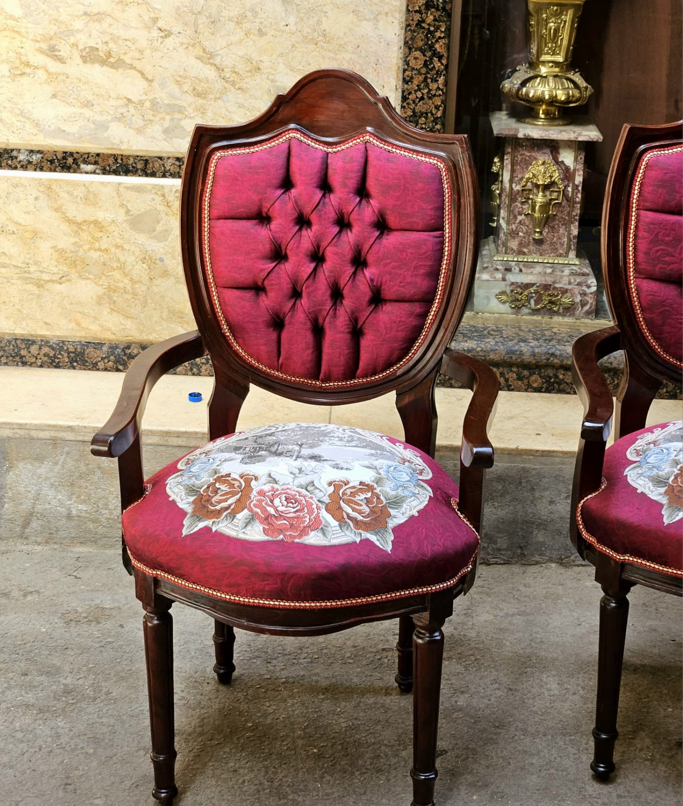 French Louis Philippe Armchair – Burgundy Tufted Upholstered Accent Chair with Floral Seat & Solid Wood Frame