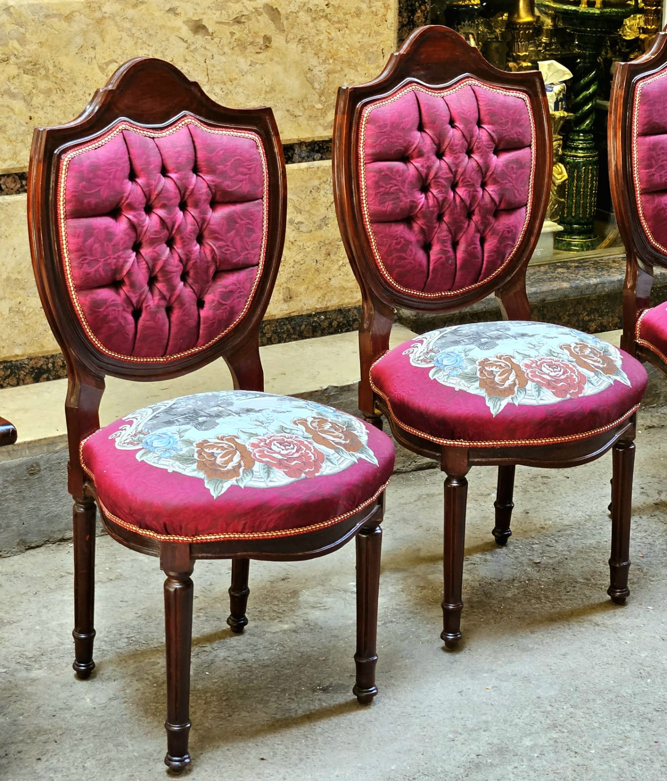 French Louis Philippe Side Chair – Burgundy Tufted Dining Chair with Floral Upholstered Seat & Solid Wood Frame