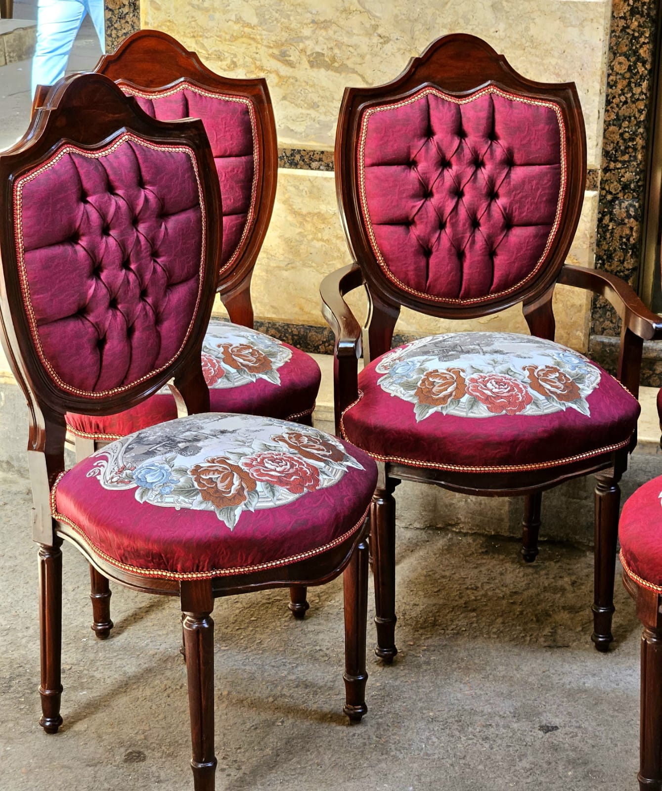 French Louis Philippe Side Chair – Burgundy Tufted Dining Chair with Floral Upholstered Seat & Solid Wood Frame