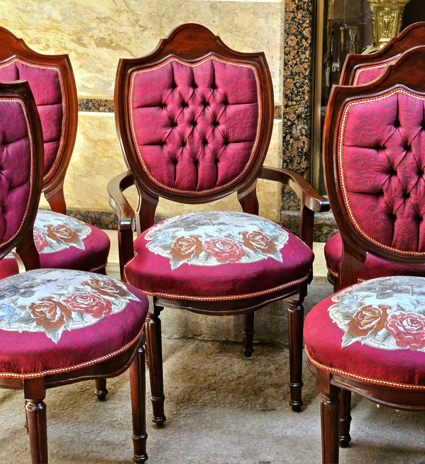 French Louis Philippe Armchair – Burgundy Tufted Upholstered Accent Chair with Floral Seat & Solid Wood Frame