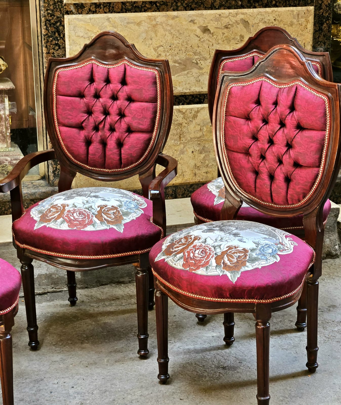 French Louis Philippe Armchair – Burgundy Tufted Upholstered Accent Chair with Floral Seat & Solid Wood Frame