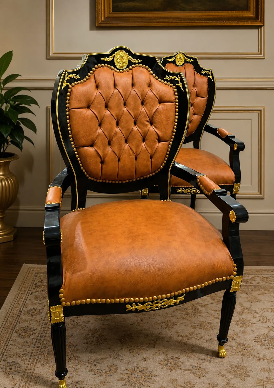 French Empire Leather Armchair – Tufted Cognac Leather Accent Chair with Black & Gold Frame