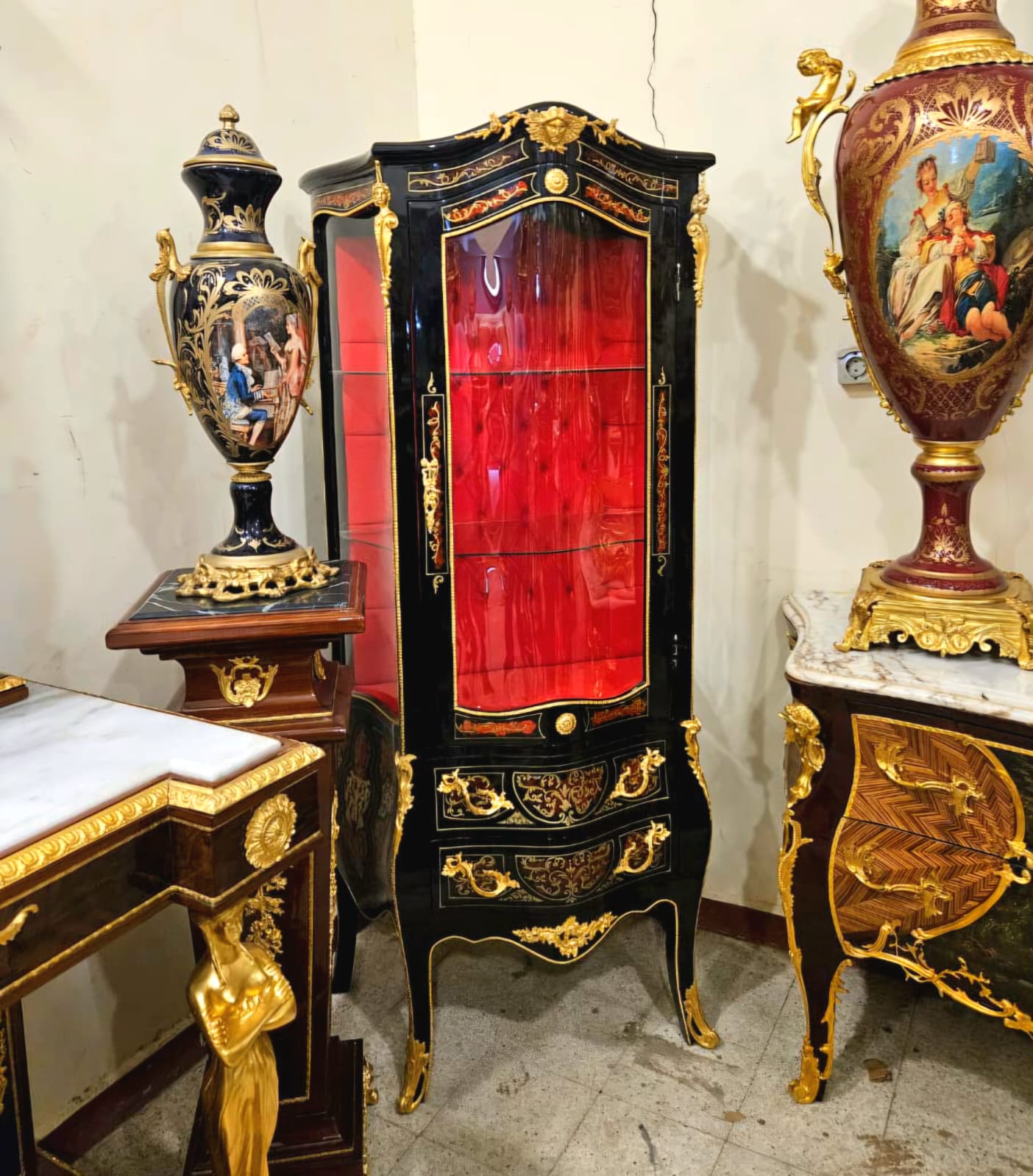 French Louis XV Style Black Display Curio Cabinet with Red Velvet Interior & Gold Leaf Details