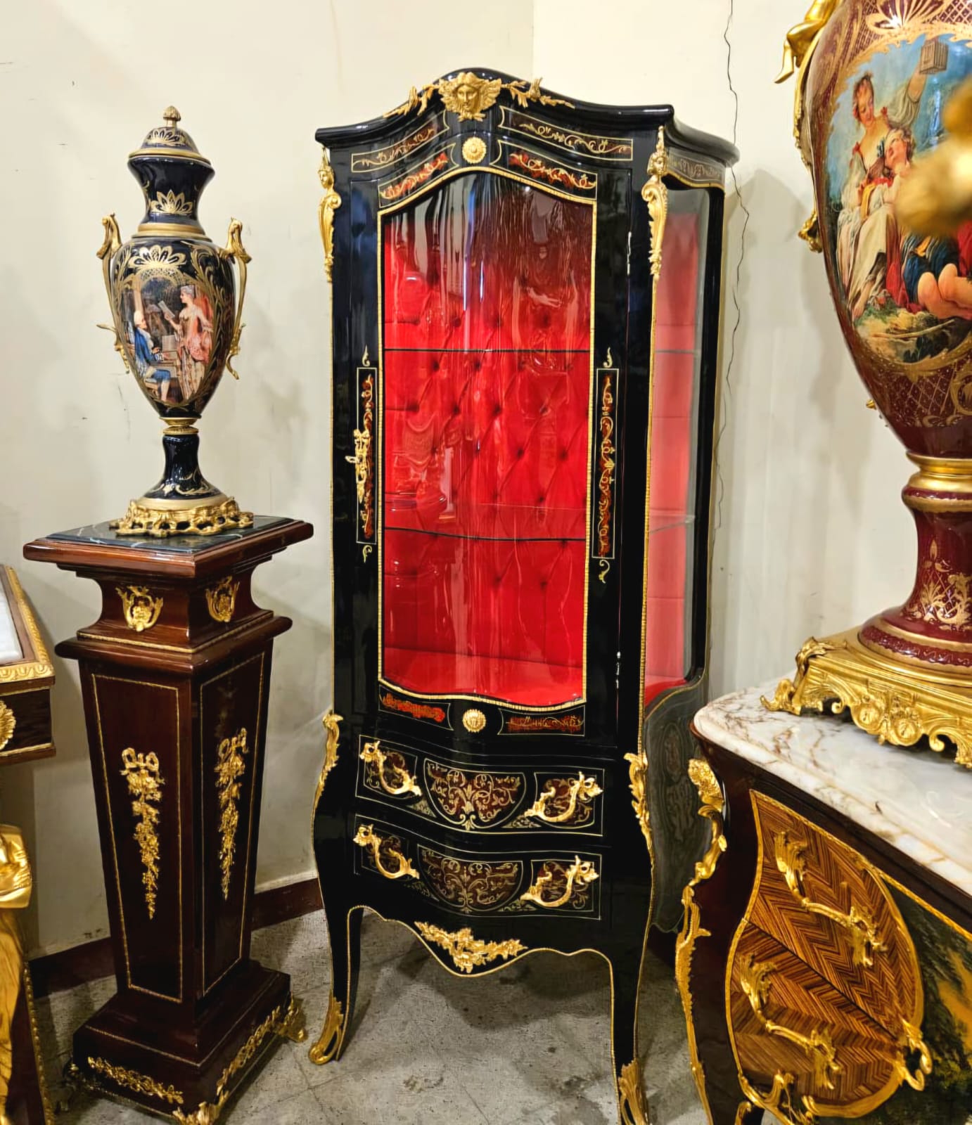 French Louis XV Style Black Display Curio Cabinet with Red Velvet Interior & Gold Leaf Details