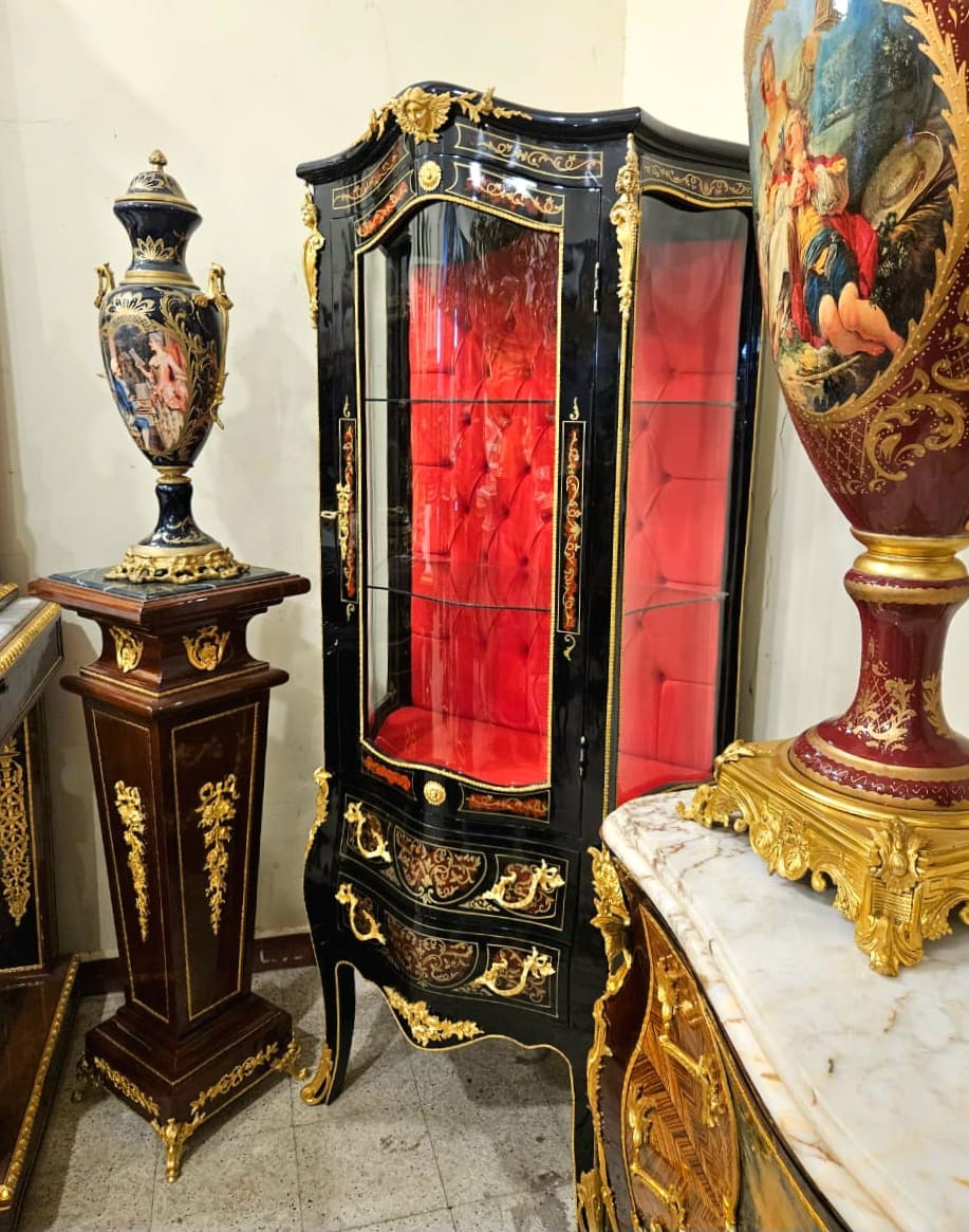 French Louis XV Style Black Display Curio Cabinet with Red Velvet Interior & Gold Leaf Details