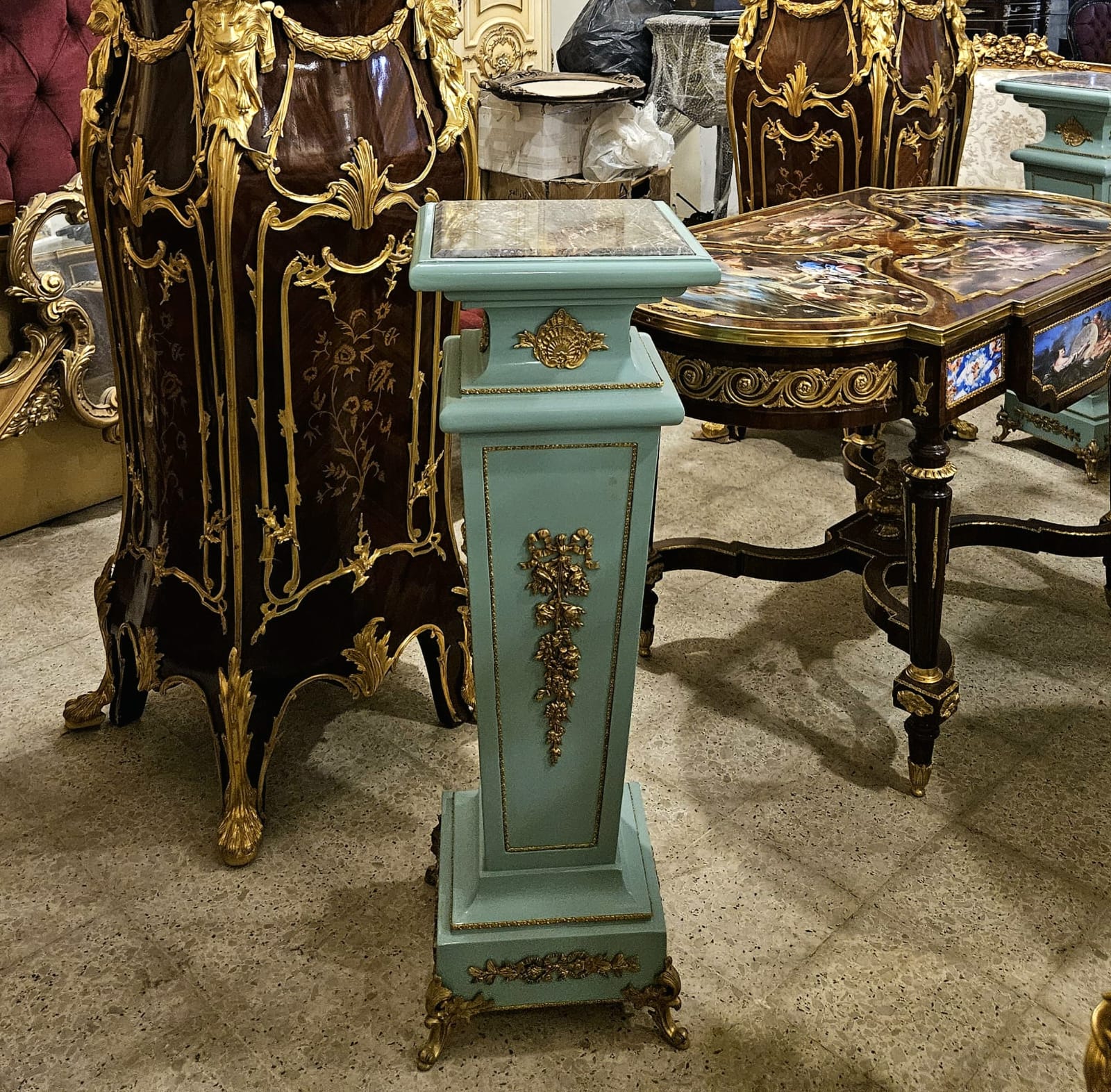Rococo Sky Blue Green Geometric Pedestal – Marble Top Column with Bronze & Gold Leaf Details