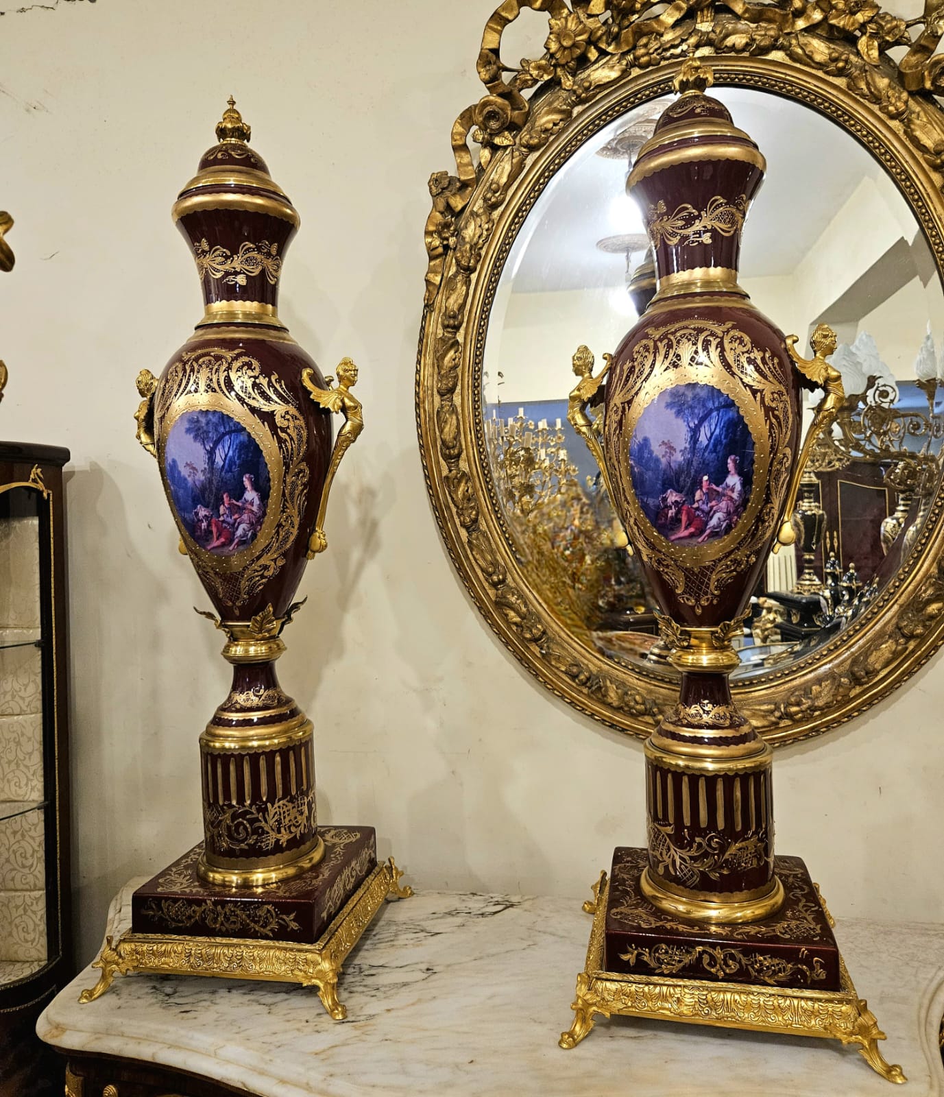 Blue French Style Porcelain Vase with Nature Artwork, Gold Leaf Details