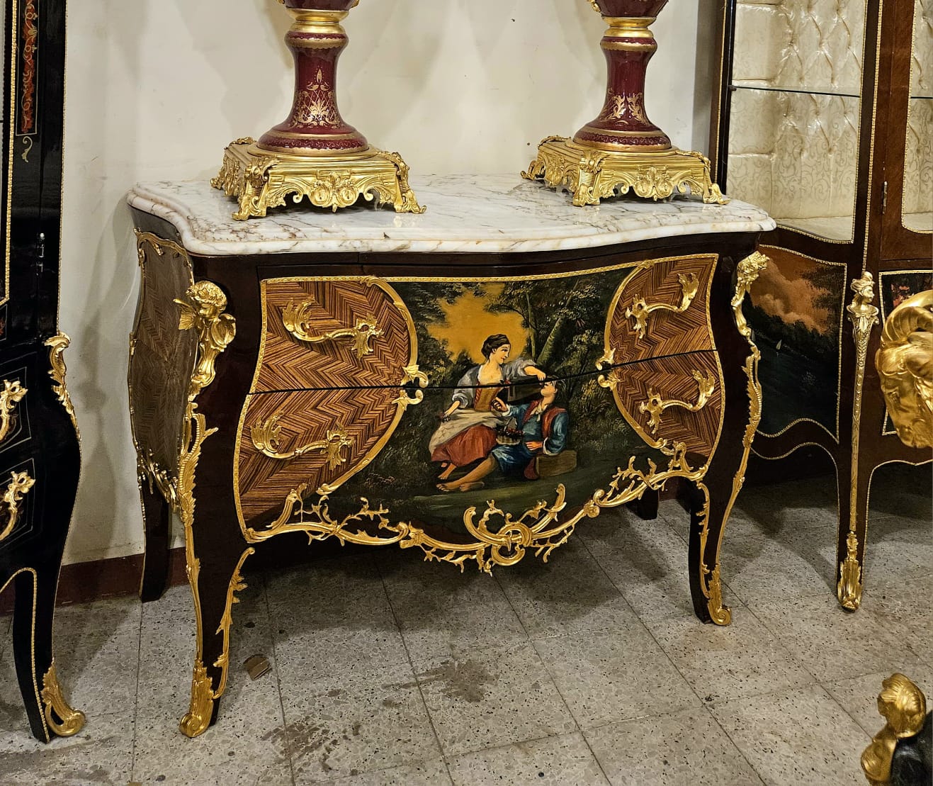 Hand-Painted Louis XV Style Marble Top Commode Chest with Gold Leaf & Bronze Mounts